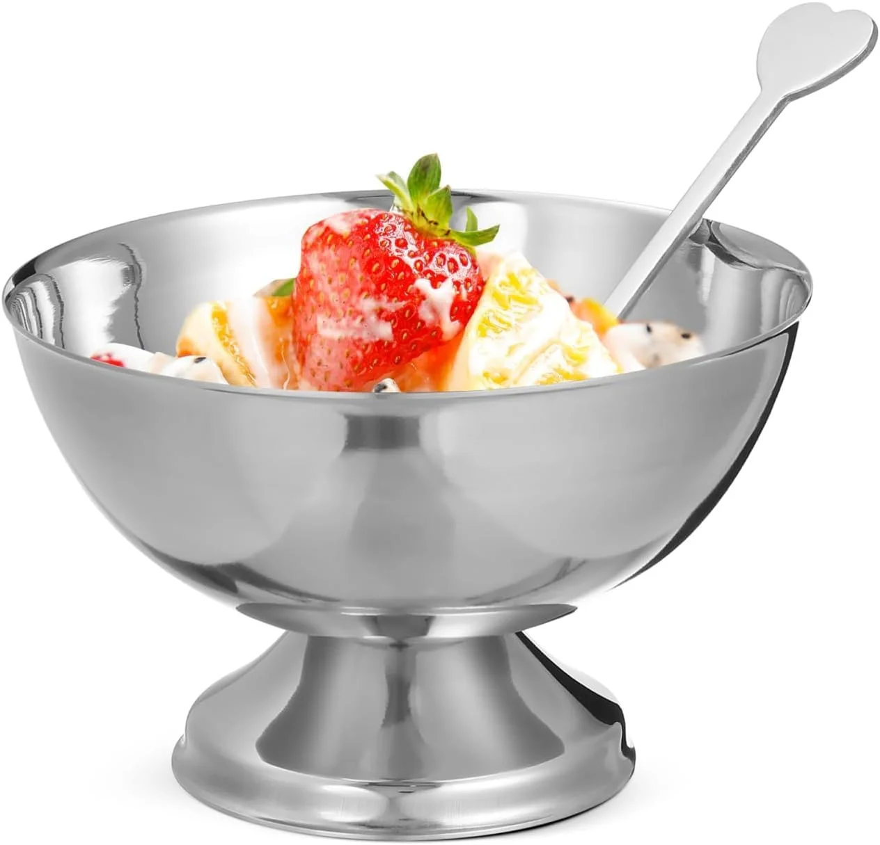 دو عدد فنجان دسر استیل ضد زنگ با پایه پایه دار زیبا و 2 قاشق، کاسه های دسر فلزی بادوام برای بستنی، سالاد پاستا و تنقلات، لیوان های دسر استیل شیک ایده آل برای خانه، مهمانی ها