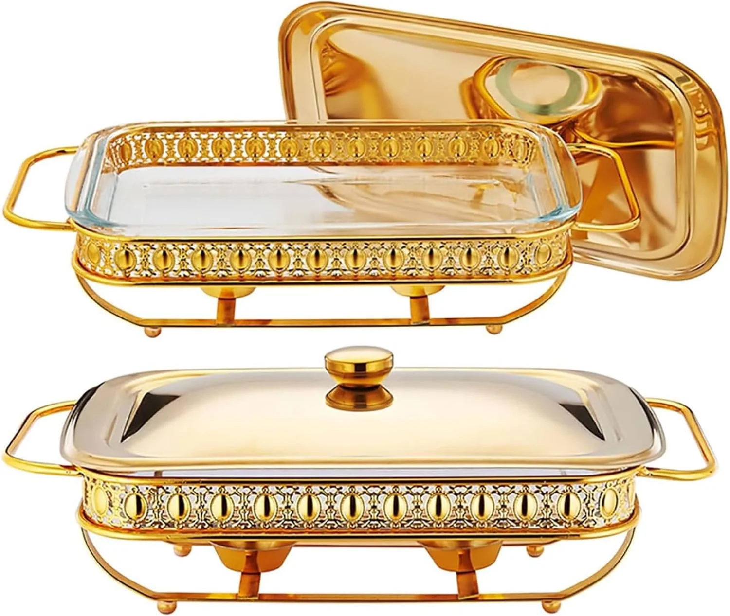 ظرف گرم نگهدارنده غذا استیل، ست بوفه ۲ لیتری برای مهمانی ها، ظرف مستطیلی گرمکن غذا با درب و پایه برای عروسی، مهمانی، ضیافت، پذیرایی، کریسمس و هالووین، طلایی
