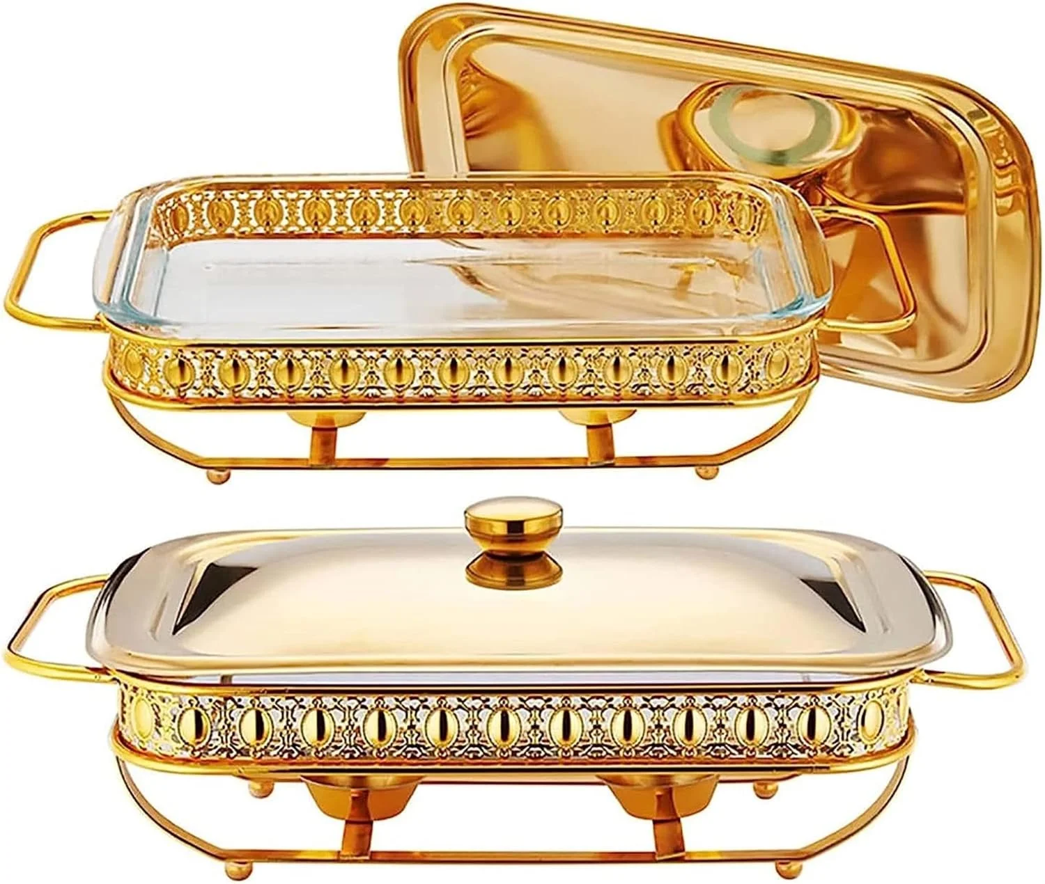 ظرف گرم نگهدارنده غذا استیل، ست بوفه، گرمکن غذا 2 لیتری برای مهمانی ها، ظروف مستطیلی با درب و نگهدارنده برای عروسی ها، مهمانی ها، ضیافت ها، پذیرایی، رویدادهای کریسمس و هالووین