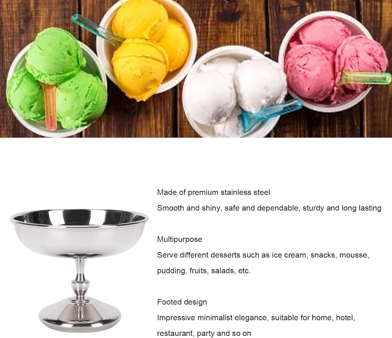 جام بستنی، کاسه دسر استیل ضد زنگ برای سالاد میوه پودینگ ماست، کاسه آب نبات اسنک پایه دار گرد برای خانه ها، هتل ها، رستوران ها، مهمانی ها، فروشگاه های دسر (2401-3)