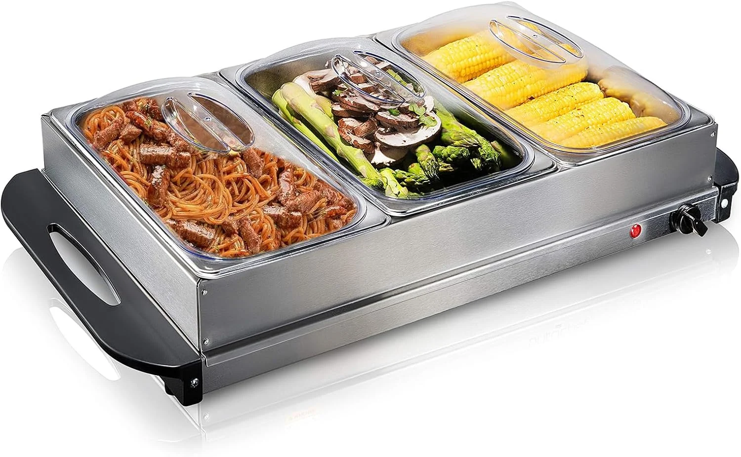 گرمکن غذا و بوفه اسپنور، حرارت قابل تنظیم، مناسب برای مهمانی ها، تعطیلات و پذیرایی، شامل سه ظرف گرمکن غذا 2.5 لیتری مناسب فر، جنس استیل ضد زنگ گرمکن غذا و بوفه اسپنور، حرارت قابل تنظیم، مناسب برای مهمانی ها، تعطیلات و پذیرایی، شامل سه ظرف گرمکن غذا 2.5 لیتری مناسب فر، جنس استیل ضد زنگ