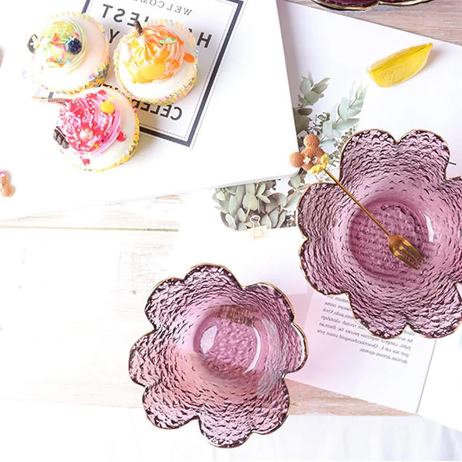 کاسه سس خوری شیشه ای Soulnioi، ظروف سس خوری طرح گل کریستالی، کاسه های کوچک دسر و تنقلات با روکش طلایی برای مهمانی عروسی خانگی، قطر 9.5 سانتی متر - بنفش