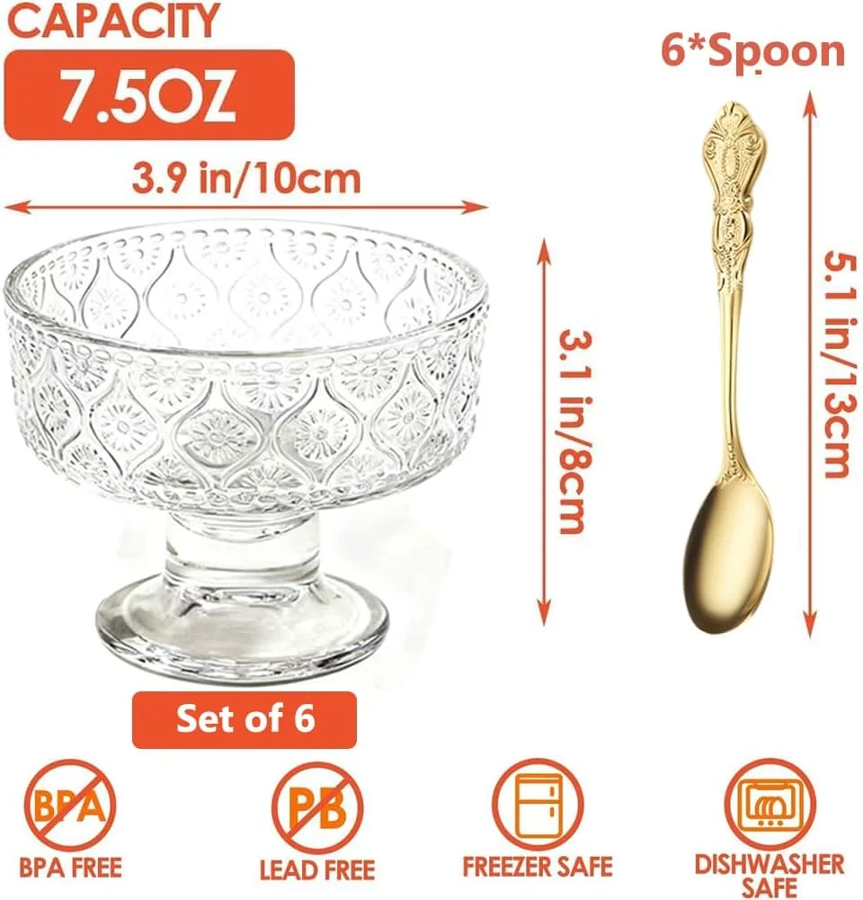 ست 4 تایی کاسه بستنی شیشه ای SOFOAERY، فنجان های دسر شیشه ای راه راه قدیمی با قاشق طلایی، فنجان های دسر پایه دار 220 میلی لیتری - ایده آل برای بستنی، میوه و کوکتل (رگه دار)