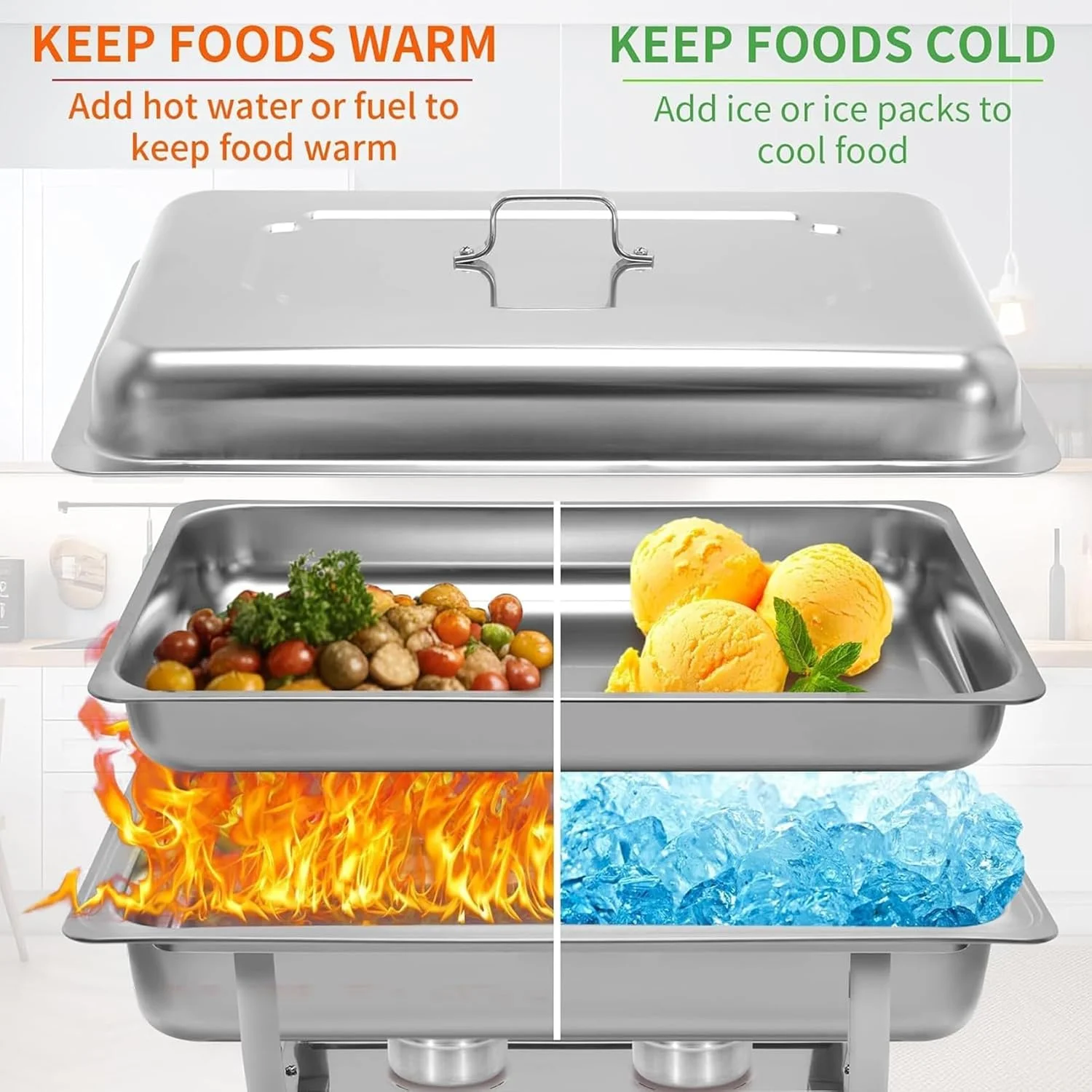 ظروف گرم نگهدارنده غذا نقره ای برای بوفه، ست کامل ظروف گرم نگهدارنده بوفه استیل ضد زنگ، ست گرمکن غذا برای مهمانی، 2 عدد 63 * 35 * 31 سانتی متر