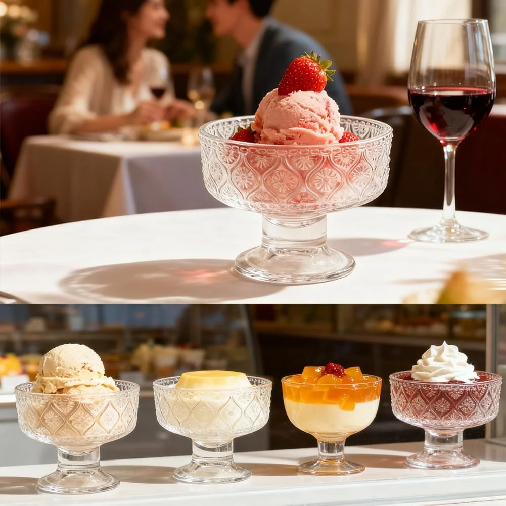 ست 4 تایی کاسه بستنی شیشه ای SOFOAERY، فنجان های دسر شیشه ای راه راه قدیمی با قاشق طلایی، فنجان های دسر پایه دار 220 میلی لیتری - ایده آل برای بستنی، میوه و کوکتل (رگه دار)
