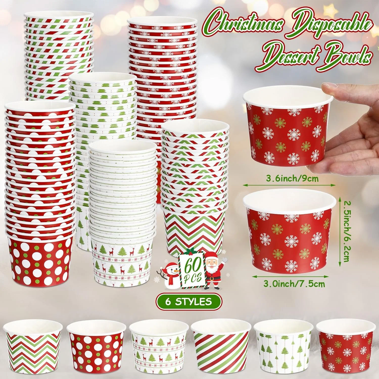 کاسه دسر یکبار مصرف کریسمس اسلینر، 9 اونس، کاسه های کاغذی کریسمس، فنجان های تنقلات پذیرایی کریسمس، فنجان های بستنی راه راه دانه برف تعطیلات برای لوازم مهمانی، فنجان سوپ کیک آب نبات، 6 مدل (60 عدد)