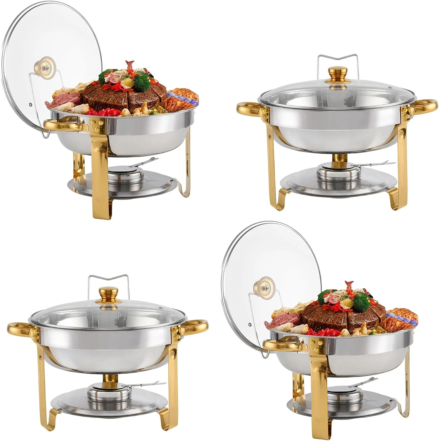 SMLERAY 5QT Chafing Dish Buffet Set, Stainless Steel Round Chafers with Glass Viewing Lid & Lid Holder, Buffet Servers and Warmers Set for Dinner, Parties, Wedding, Camping (4PACK) (Gold-5QT-4PACK) SMLERAY 5QT Chafing Dish Buffet Set, Stainless Steel Round Chafers with Glass Viewing Lid & Lid Holder, Buffet Servers and Warmers Set for Dinner, Parties, Wedding, Camping (4PACK) (Gold-5QT-4PACK)