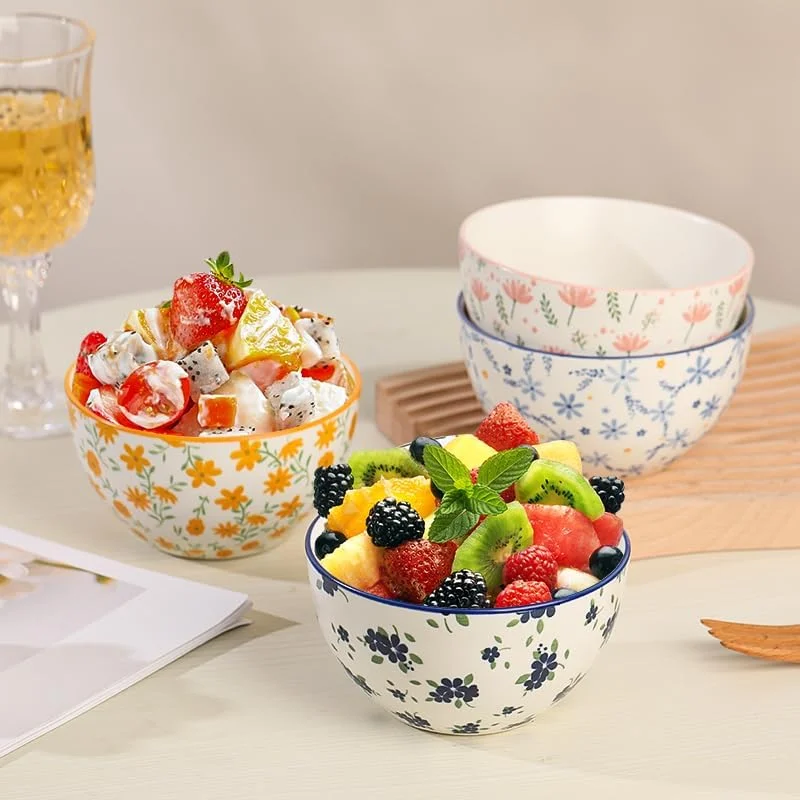 Small Bowls Ceramic Bowl Set - 10 oz Porcelain Rice Bowls Set - 4.5 inch Floral Patterned Dessert Bowls - 6 Colorful Cute Bowls for Ice Cream | Soup | Snack | Side Dishes - Microwave Dishwasher Safe