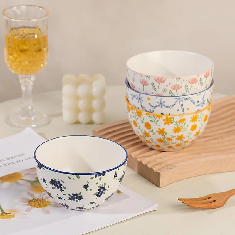 Small Bowls Ceramic Bowl Set - 10 oz Porcelain Rice Bowls Set - 4.5 inch Floral Patterned Dessert Bowls - 6 Colorful Cute Bowls for Ice Cream | Soup | Snack | Side Dishes - Microwave Dishwasher Safe