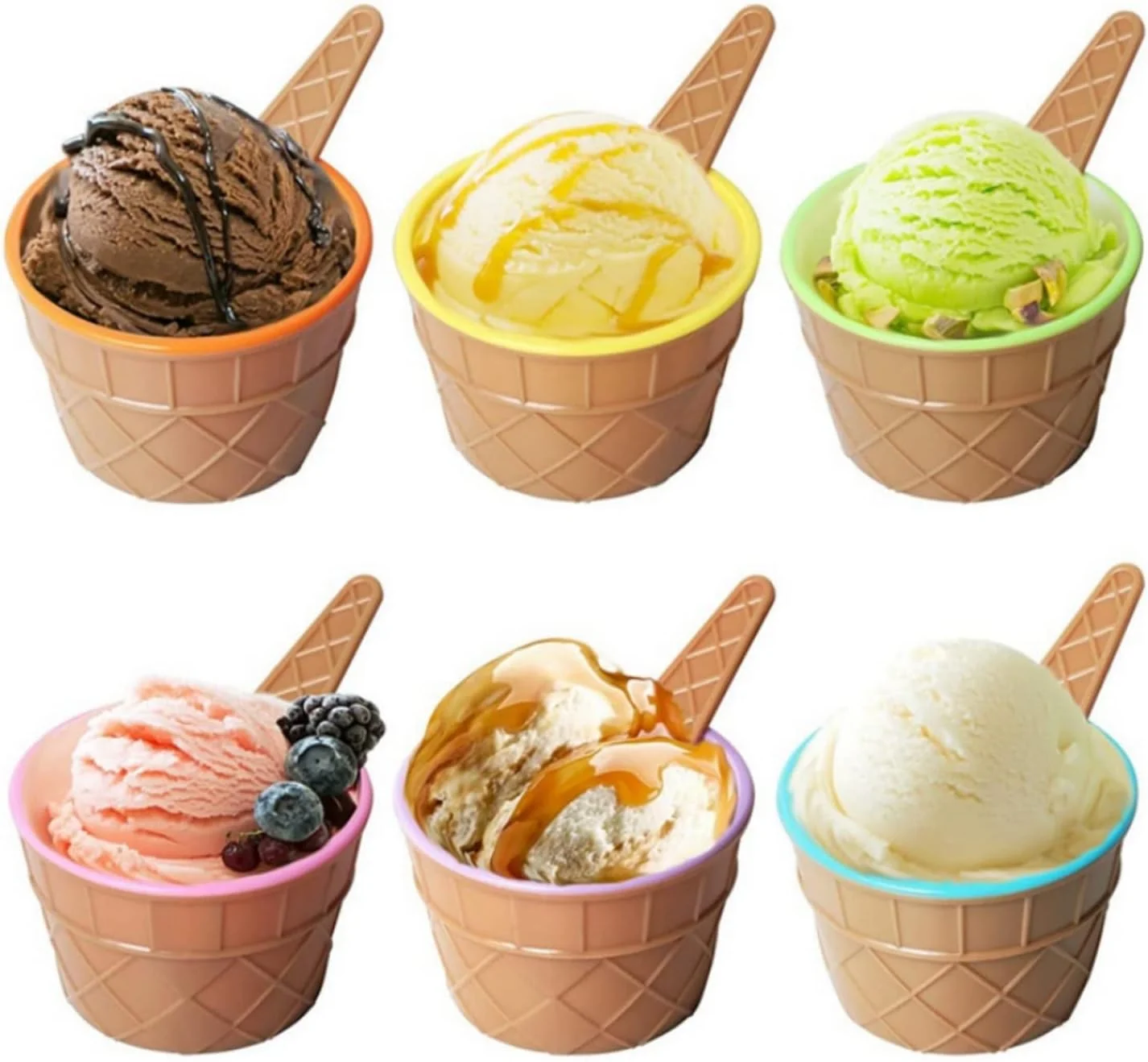 SKEIDO 6PCS Plastic Ice Cream Cups With Spoons Festive Dessert Bowls Assorted Colors Cup Set Ice Cream Mould Container