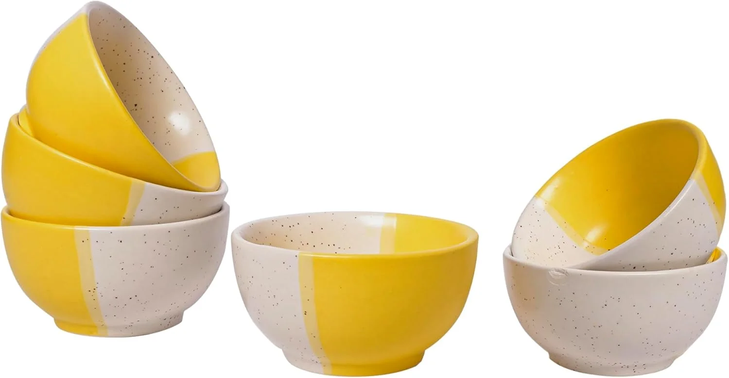ShadowGreen | RE Kitchen | Ceramic Dessert Bowl | Ice Cream Bowl | Snacks/namkeen Bowl | Set of 6 (Dual Yellow Design)(120ml) |