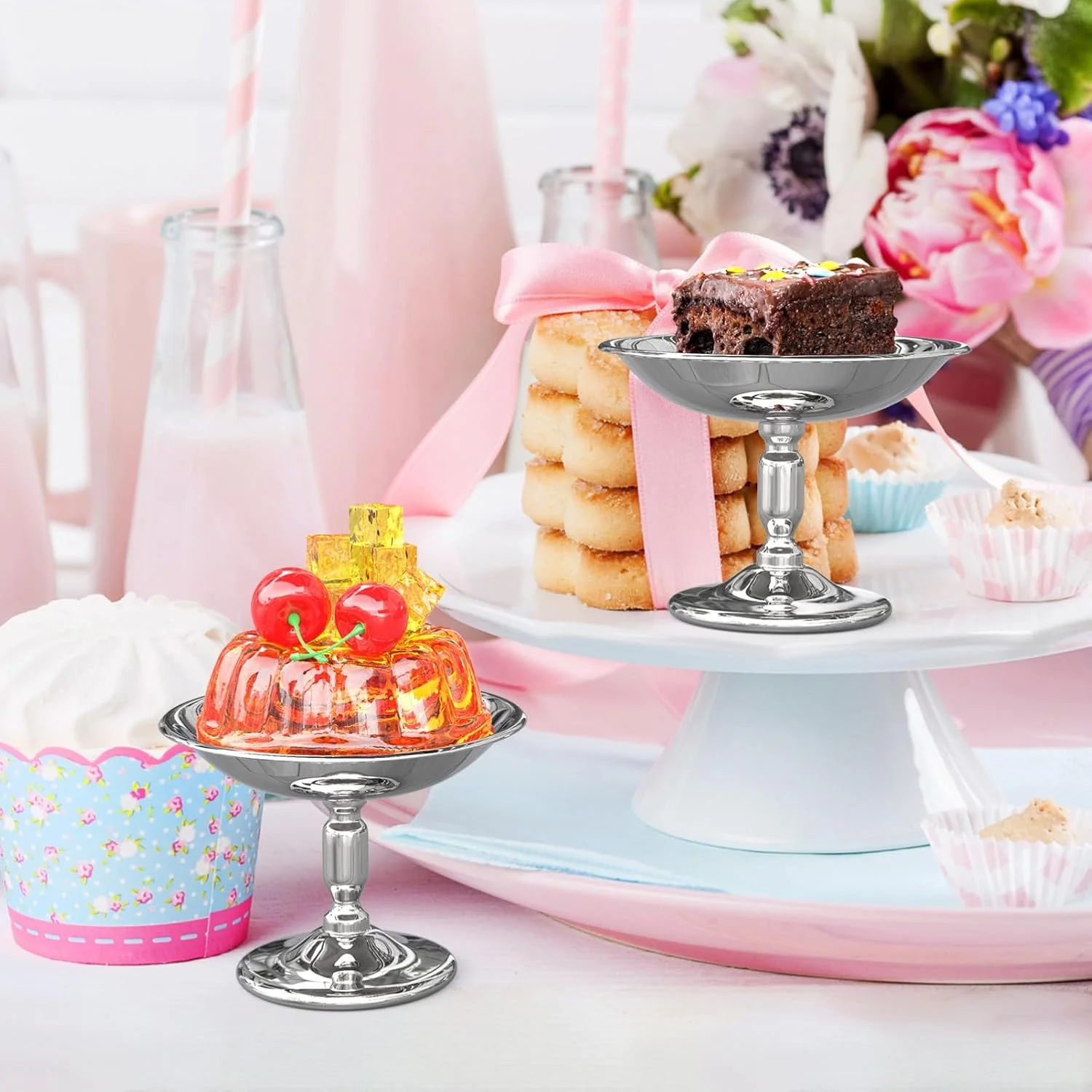 SEWACC 2 عدد کاسه دسر بستنی، کاسه های کوچک سرو دسر از جنس استیل ضد زنگ، فنجان های گرد پایه دار برای سرو تنقلات و آبنبات در مهمانی های تابستانی