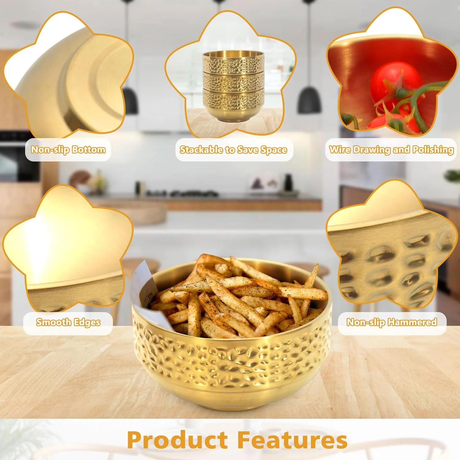 ست کاسه سوپ استیل ضد زنگ طلایی روچرلین، 3 عددی، 740 میلی لیتری، کاسه های عایق بندی شده دو جداره 15 سانتی متری، کاسه های فلزی برنج و تنقلات، کاسه دسر بستنی برای سرو میوه و جو دوسر