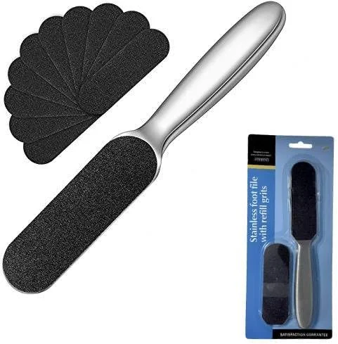 سوهان پدیکور استیل MOMENT، از بین برنده پینه پا، اسکرابر پا، رنده پا با 10 پد قابل تعویض دو طرفه زبر/نرم قابل استفاده مجدد برای مراقبت از پا، ابزار از بین بردن پینه پوست ترک خورده