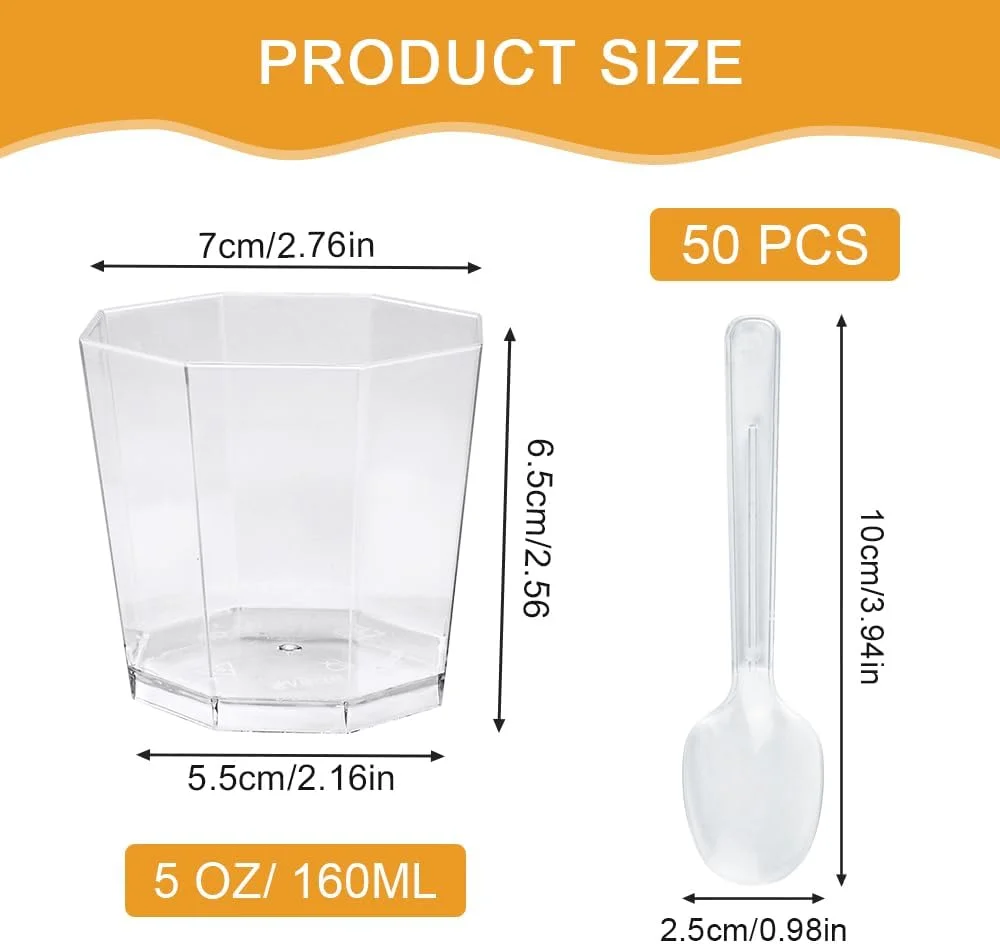 بسته 50 عددی لیوان دسر پلاستیکی REFORUNG، فنجان دسر 160 میلی لیتری با درب و قاشق، مجموعه کاسه دسر پلاستیکی قابل استفاده مجدد، فنجان دسر مینی برای دسرهای DIY، پودینگ، موس، بستنی
