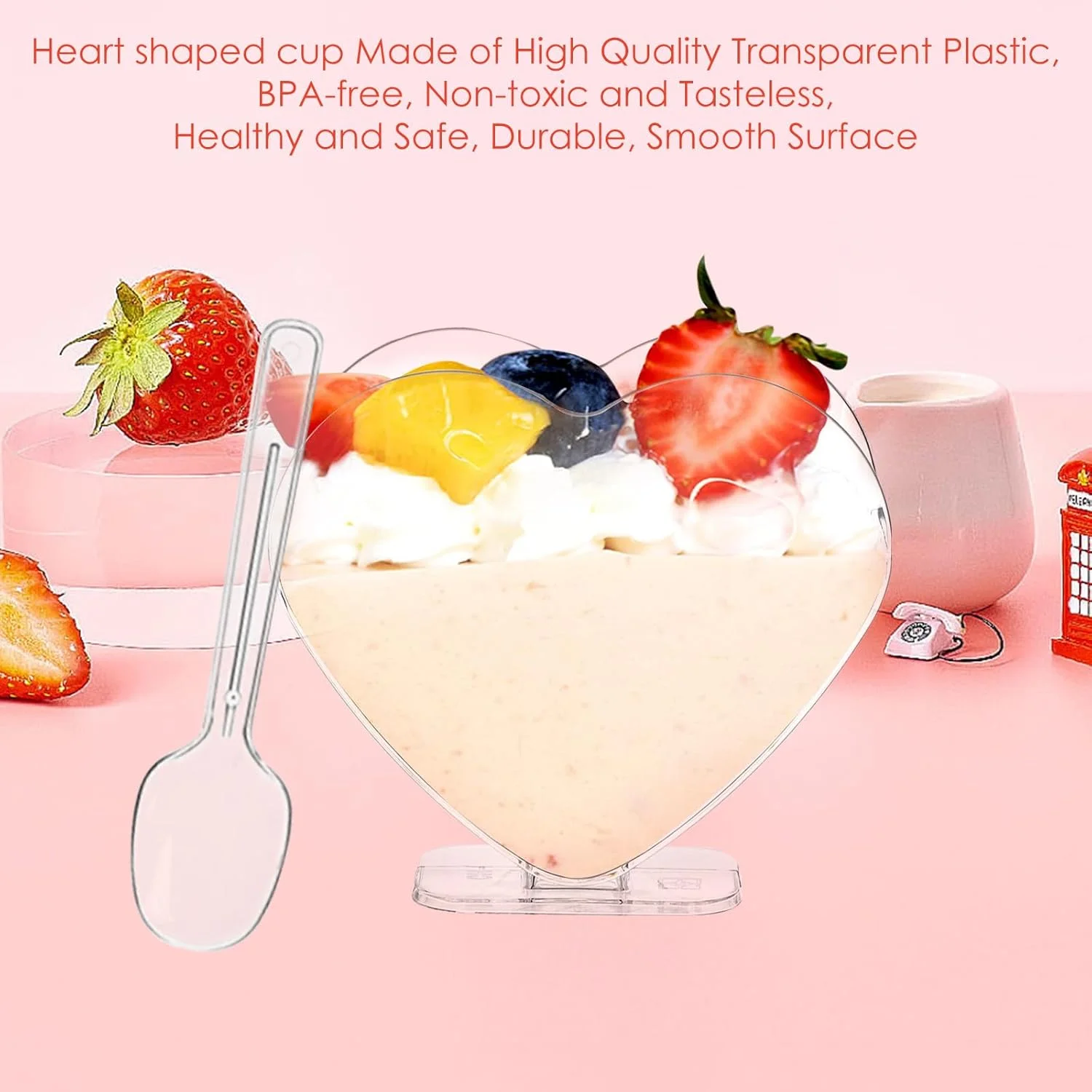 50 عدد فنجان دسر، ظروف دسر پلاستیکی 80 میلی لیتری با قاشق، فنجان کوچک شفاف مستطیلی قلبی قابل استفاده مجدد، کاسه سرو دسر برای عروسی، جشن تولد، چیزکیک، دسر ماتانا (7.5 x 7 سانتی متر)