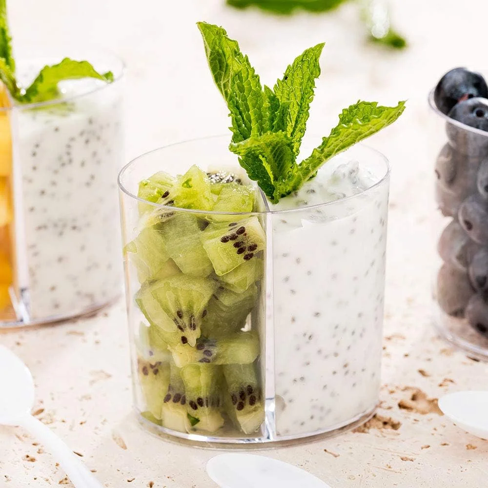 ظروف دسر 4 اونسی رستوران ور، 100 عدد فنجان مزه بیضی شکل - دارای 2 محفظه، یکبار مصرف، ظروف پیش غذای پلاستیکی شفاف، برای سرو نمونه در ضیافت های عروسی و رویدادهای پذیرایی