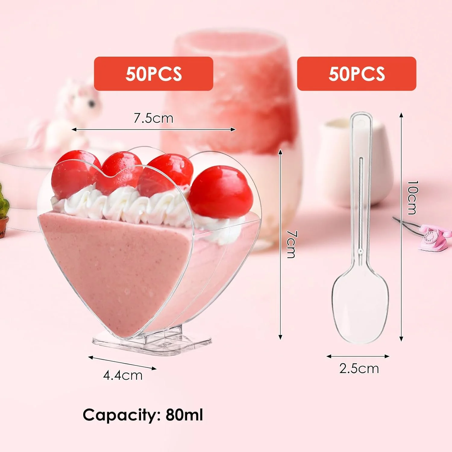 50 عدد فنجان دسر، ظروف دسر پلاستیکی 80 میلی لیتری با قاشق، فنجان کوچک شفاف مستطیلی قلبی قابل استفاده مجدد، کاسه سرو دسر برای عروسی، جشن تولد، چیزکیک، دسر ماتانا (7.5 x 7 سانتی متر)