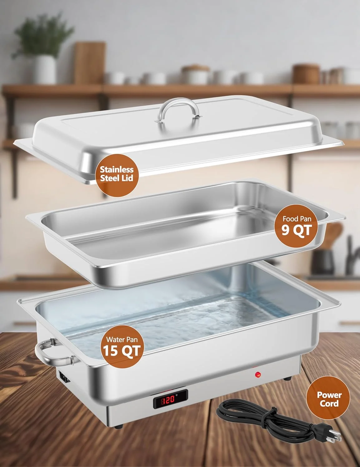 ظرف گرم نگهدارنده غذا برقی، ست ظرف گرم نگهدارنده مستطیلی استیل بوفه نیم سایز، 2 عدد 4.5 کوارت، گرم کننده غذای تجاری با نمایشگر کنترل دما برای مهمانی ها، پذیرایی، جشنواره ها