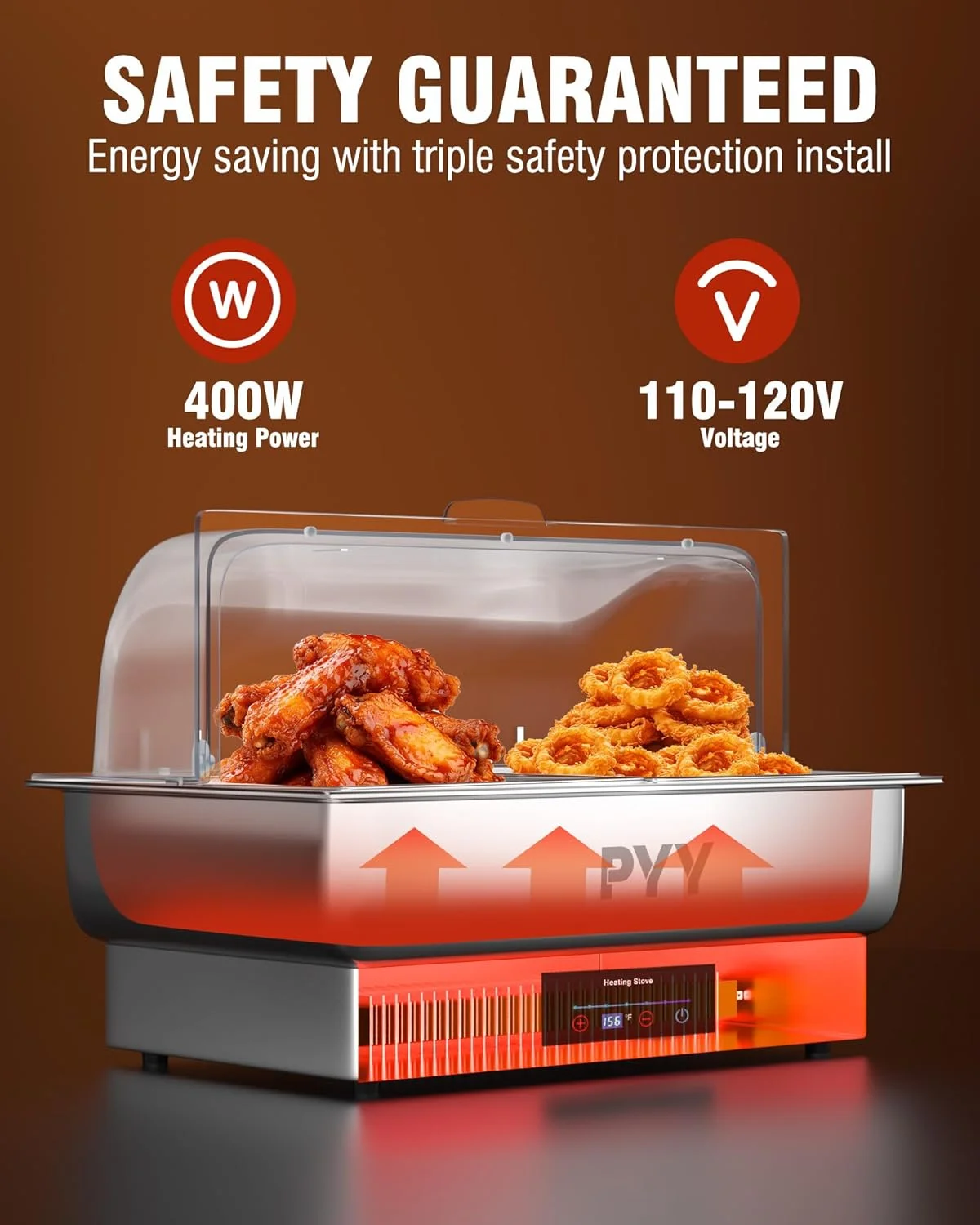 ست گرمکن غذا بوفه برقی PYY، گرمکن غذا رولی، ست گرمکن استیل ضد زنگ برای پذیرایی و بوفه (2 عدد نیم سایز با درب)