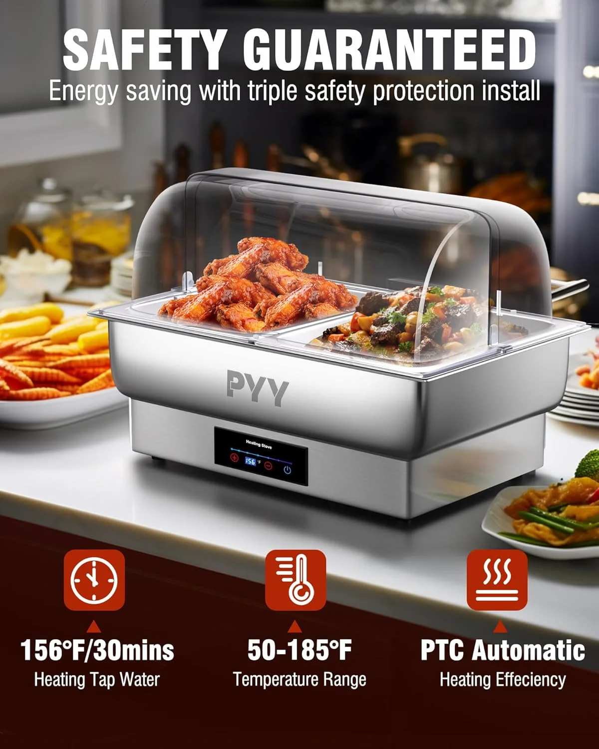 ست گرمکن غذا بوفه برقی PYY، گرمکن غذا رولی، ست گرمکن استیل ضد زنگ برای پذیرایی و بوفه (2 عدد نیم سایز با درب)
