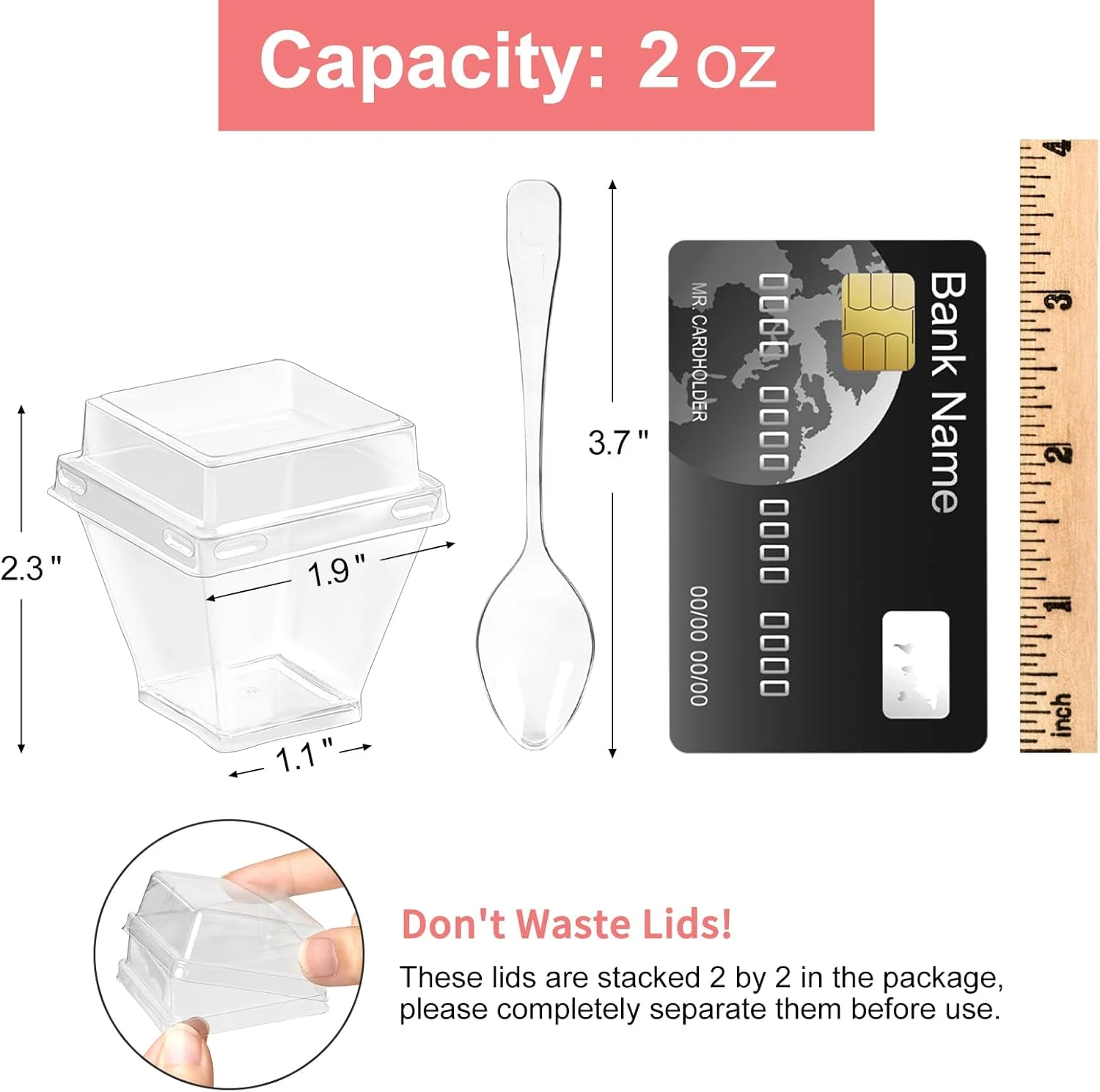 ظروف دسر مینیاتوری 2 اونسی Qeirudu به همراه درب و قاشق - بسته 100 عددی لیوان های شات پلاستیکی برای دسر، لیوان های سرو مربع کوچک برای مهمانی، پودینگ، پارفه، ژله و بستنی تکی