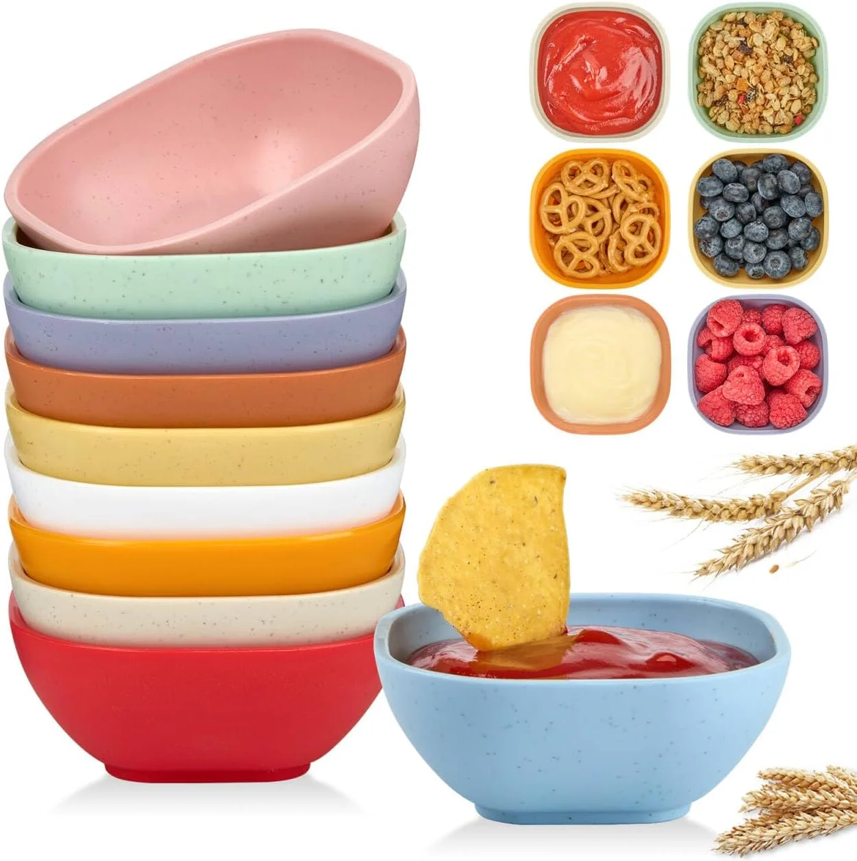 بسته 10 عددی کاسه سس خوری نی گندم Qeirudu، کاسه های دسر رنگارنگ 130 میلی لیتری، کاسه های کوچک نشکن برای سس سالسا، مخلفات، تنقلات، میوه، پیش غذا