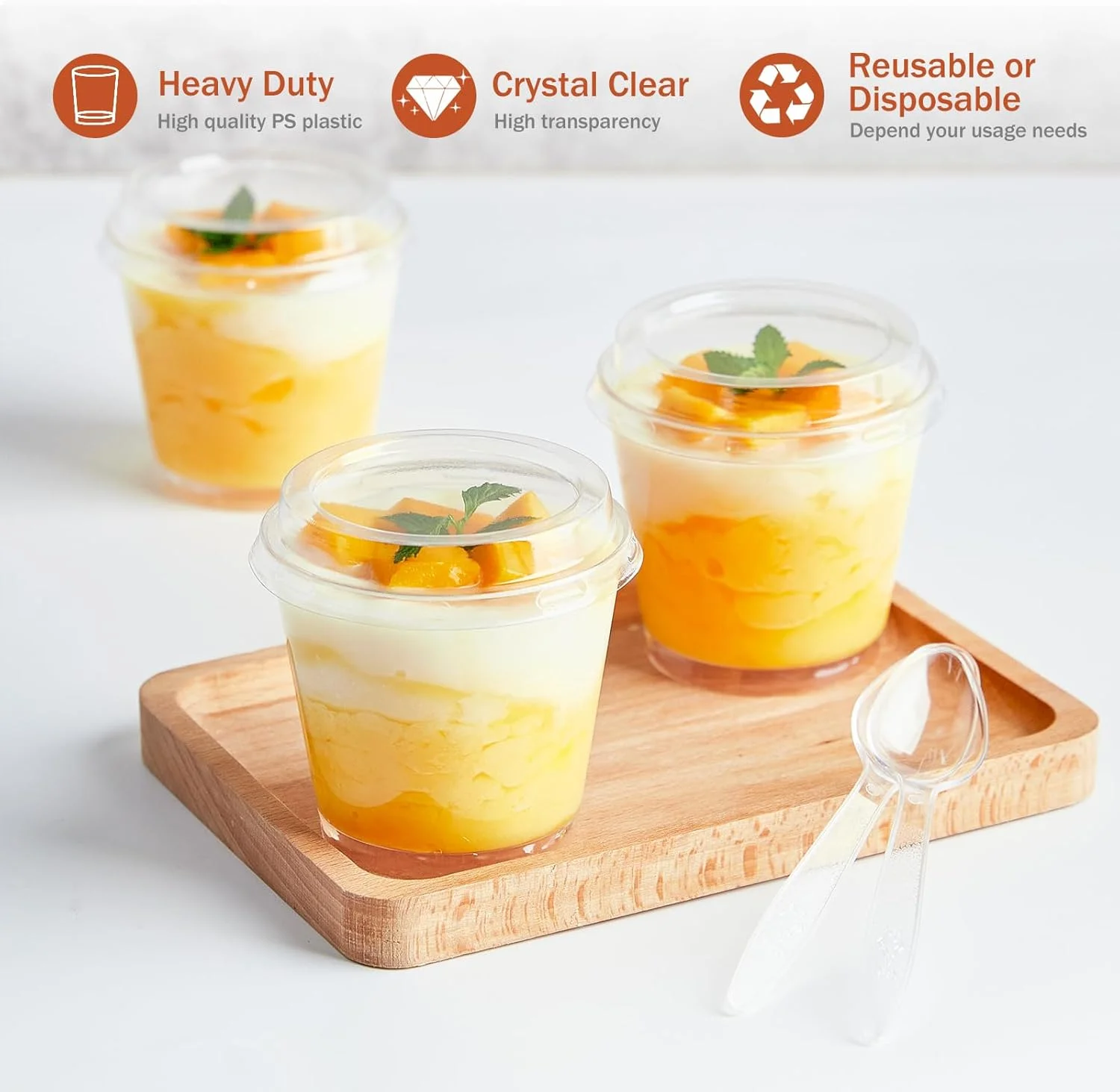 بسته 50 عددی لیوان پلاستیکی 6 اونسی Qeirudu با درب، لیوان های کوچک دسر با قاشق، لیوان های گرد برای سرو ماست، پارفیت، پودینگ، پیش غذا، میوه و بستنی