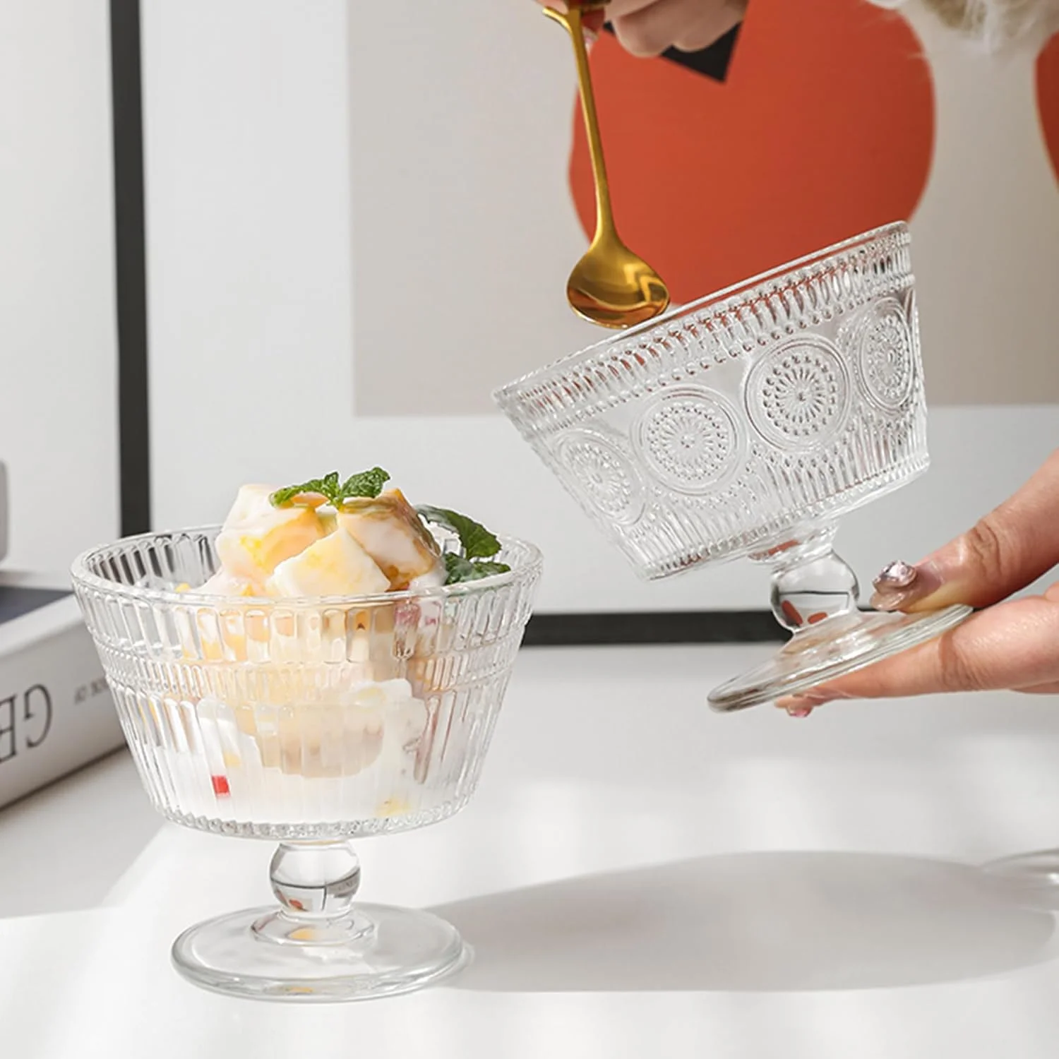 ست 4 تایی کاسه دسر شیشه ای QSLKI، 260 میلی لیتر، سبک مدرن، شیشه شفاف، پایه دار، ایده آل برای ترایفل، دسر، بستنی، ساندا، پارفه