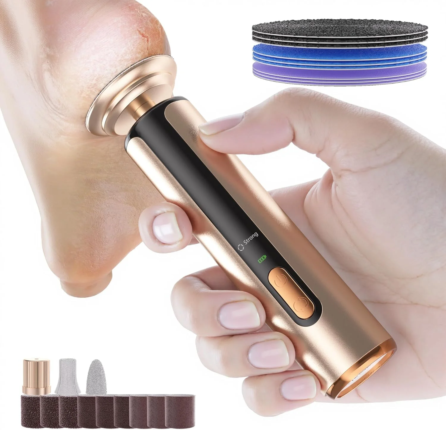 سوهان برقی پدیکور کیوسید - 2 در 1، سوهان برقی بی سیم پا و دستگاه سنگ پا، از بین برنده پینه پا با 3 حالت، از بین برنده پوست خشک پا (رزگلد)