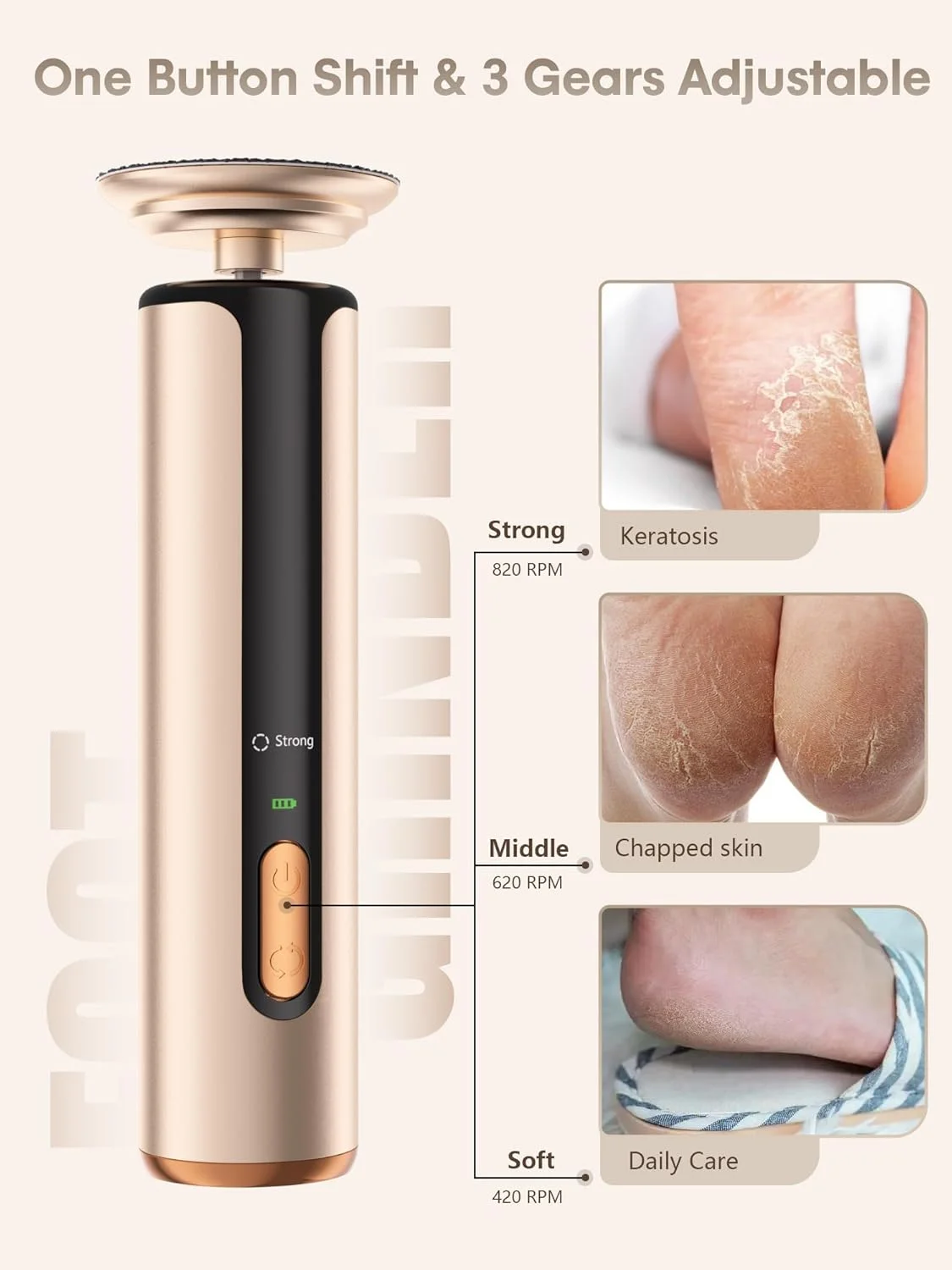 سوهان برقی پدیکور کیوسید - 2 در 1، سوهان برقی بی سیم پا و دستگاه سنگ پا، از بین برنده پینه پا با 3 حالت، از بین برنده پوست خشک پا (رزگلد)