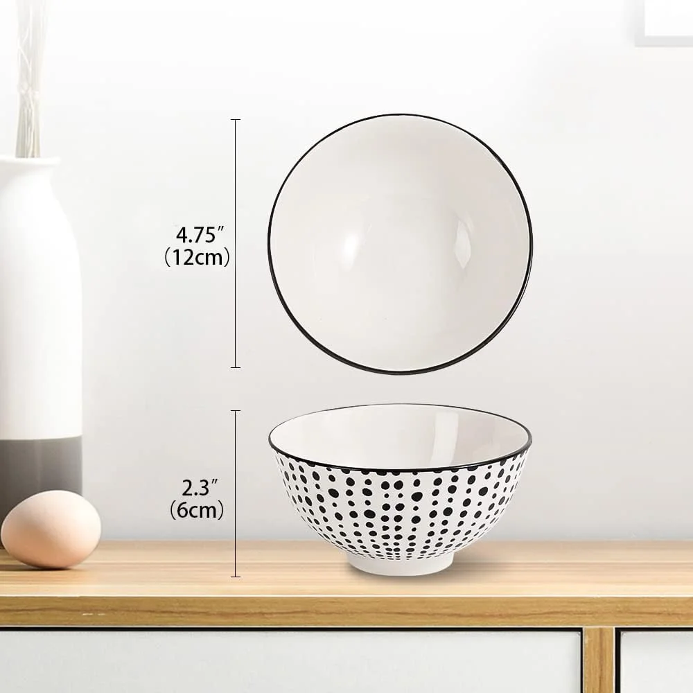 کاسه دسر چینی، کاسه بستنی - کاسه های کوچک سرامیکی 300 میلی لیتر - کاسه کوچک برای برنج | سوپ | تنقلات | غذای جانبی - ست 6 تایی کاسه سیاه و سفید ژاپنی - قابل استفاده در مایکروویو و ماشین ظرفشویی - 12 سانتی متر