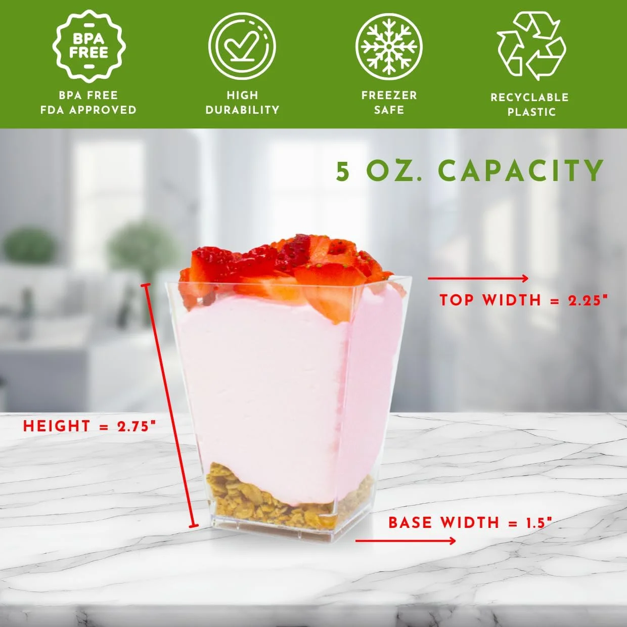 بسته 50 عددی فنجان دسر پلاستیکی مربعی کوچک 150 میلی لیتری، فنجان های پلاستیکی یکبار مصرف، فنجان های پلاستیکی شفاف برای مهمانی، کاسه های پیش غذای کوچک، ایده آل برای پذیرایی و رویدادها CMJJ