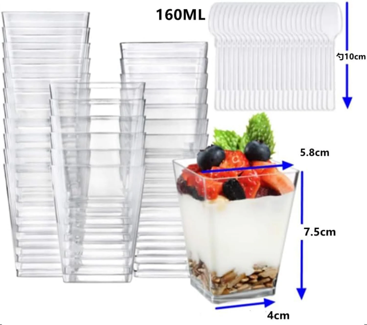 ست 50 عددی فنجان دسر مربعی Poicbor به همراه قاشق و درب، پلاستیک شفاف، ظرفیت 150 میلی لیتر، قالب گیری تزریقی، قابل شستشو در ماشین ظرفشویی ست 50 عددی فنجان دسر مربعی Poicbor به همراه قاشق و درب، پلاستیک شفاف، ظرفیت 150 میلی لیتر، قالب گیری تزریقی، قابل شستشو در ماشین ظرفشویی