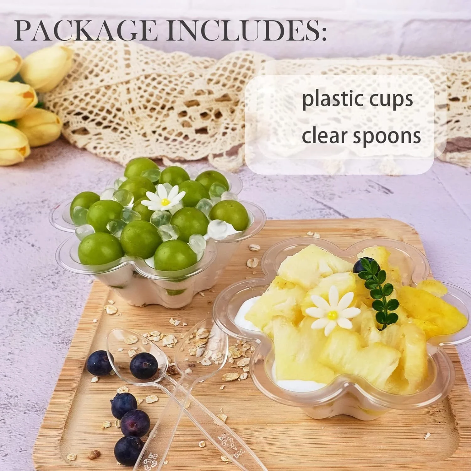 200 عدد فنجان دسر پلاستیکی شفاف 8 اونسی به همراه قاشق، کاسه های بستنی یکبار مصرف طرح گل، کاسه های سرو مهمانی برای بستنی، آجیل و سالاد، ظروف تست مزه ترایفل، برای پیش غذا برای مهمانی