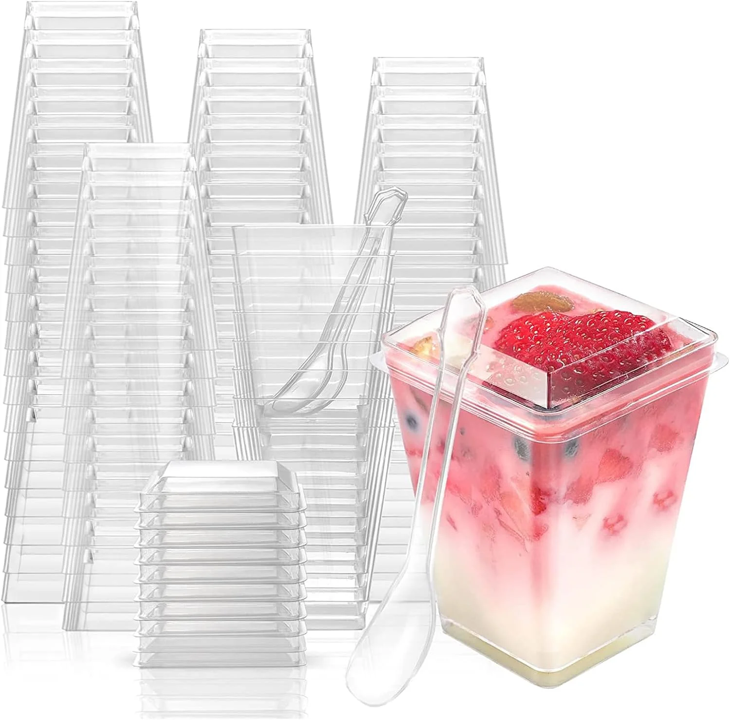 پک 50 عددی مینی فنجان دسر پالودو به همراه درب و قاشق، لیوان دسر 150 میلی لیتری، فنجان دسر پلاستیکی، شفاف، ست کاسه دسر ذوزنقه ای قابل استفاده مجدد برای موس، پودینگ، جشن عروسی پک 50 عددی مینی فنجان دسر پالودو به همراه درب و قاشق، لیوان دسر 150 میلی لیتری، فنجان دسر پلاستیکی، شفاف، ست کاسه دسر ذوزنقه ای قابل استفاده مجدد برای موس، پودینگ، جشن عروسی