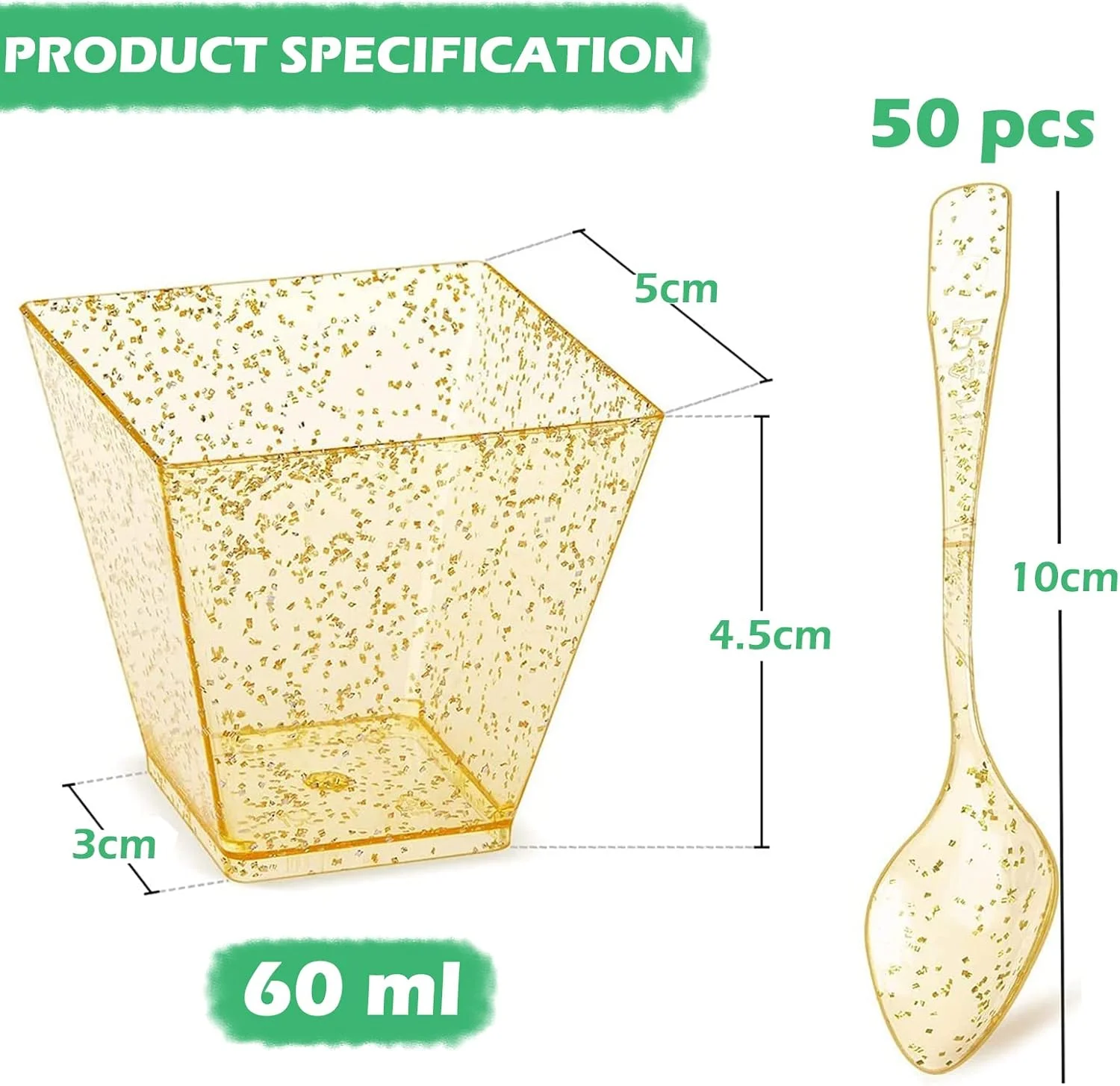پالودو، بسته 50 عددی مینی فنجان دسر به همراه قاشق، لیوان دسر اکلیلی طلایی 60 میلی لیتری، فنجان های دسر پلاستیکی، شفاف، مجموعه کاسه های دسر ذوزنقه ای قابل استفاده مجدد برای عروسی ها، تولدها، مهمانی ها