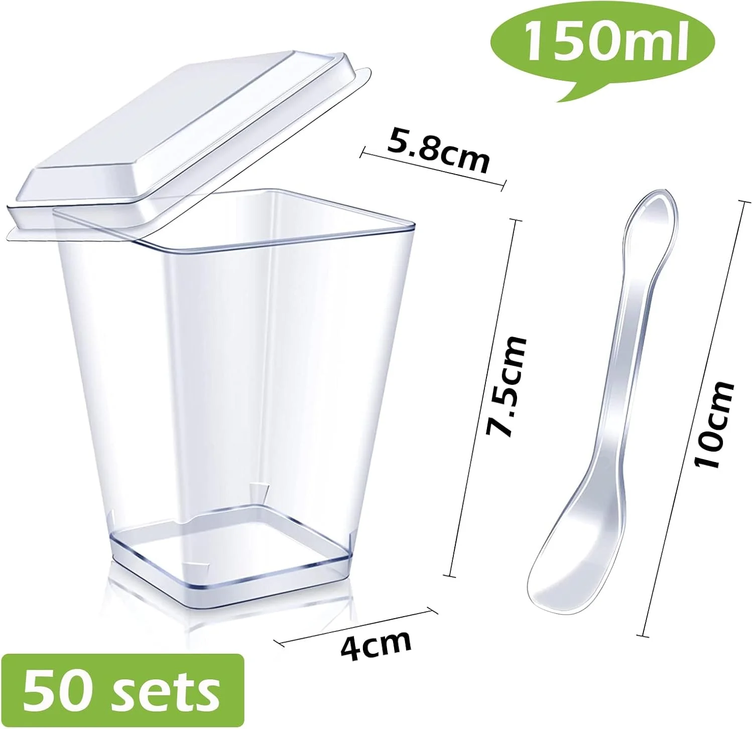 پک 50 عددی مینی فنجان دسر پالودو به همراه درب و قاشق، لیوان دسر 150 میلی لیتری، فنجان دسر پلاستیکی، شفاف، ست کاسه دسر ذوزنقه ای قابل استفاده مجدد برای موس، پودینگ، جشن عروسی