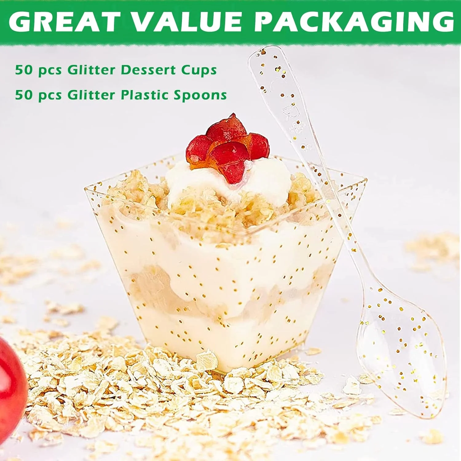 پالودو، بسته 50 عددی مینی فنجان دسر به همراه قاشق، لیوان دسر اکلیلی طلایی 60 میلی لیتری، فنجان های دسر پلاستیکی، شفاف، مجموعه کاسه های دسر ذوزنقه ای قابل استفاده مجدد برای عروسی ها، تولدها، مهمانی ها