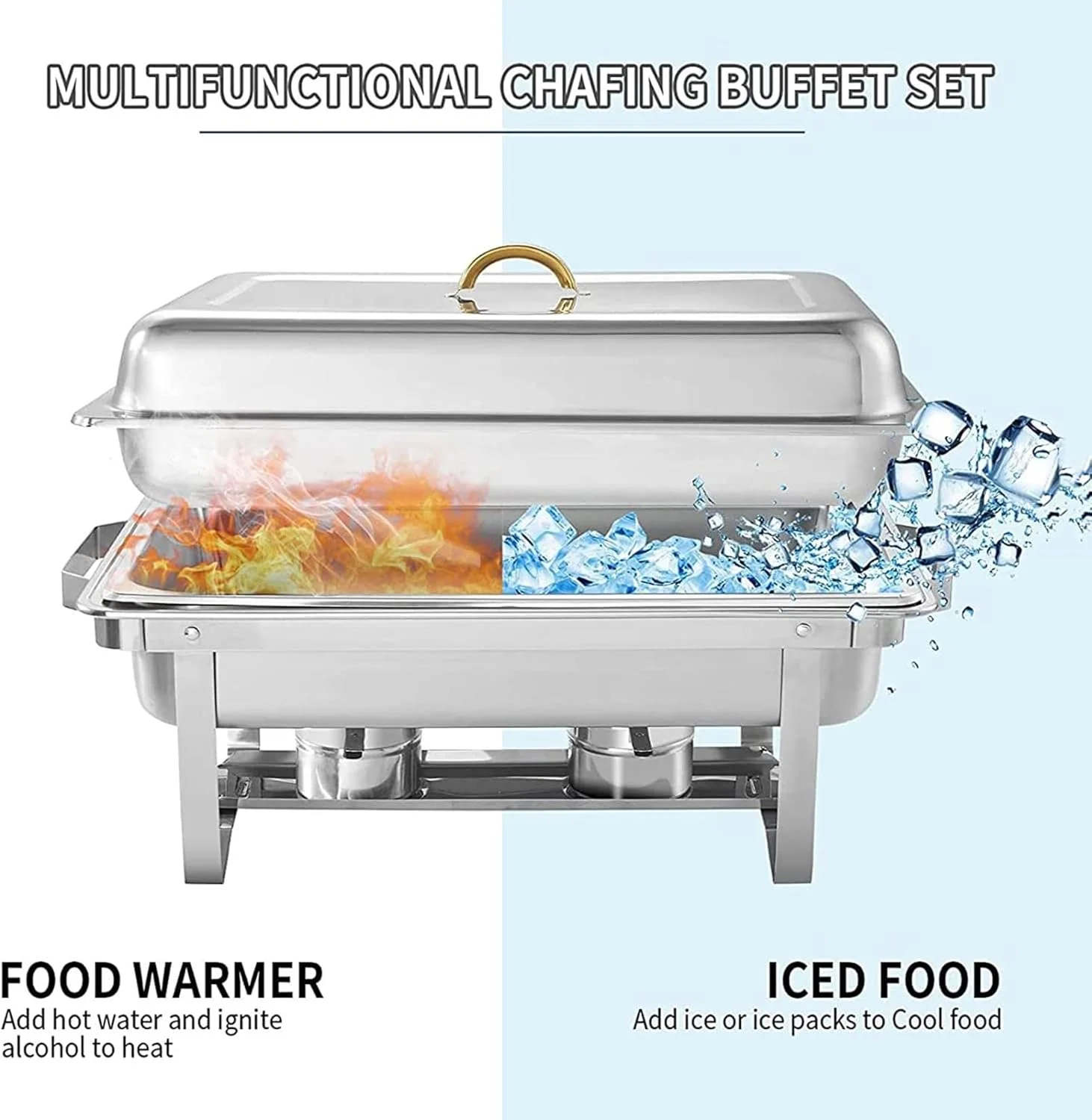 ظرف گرم نگهدارنده غذا مربع روکش طلایی oBlosdh مناسب مهمانی ها و پذیرایی، ست گرمکن بوفه پذیرایی تجاری استیل ضد زنگ، به همراه ظرف غذا، ظرف آب، درب و جای سوخت