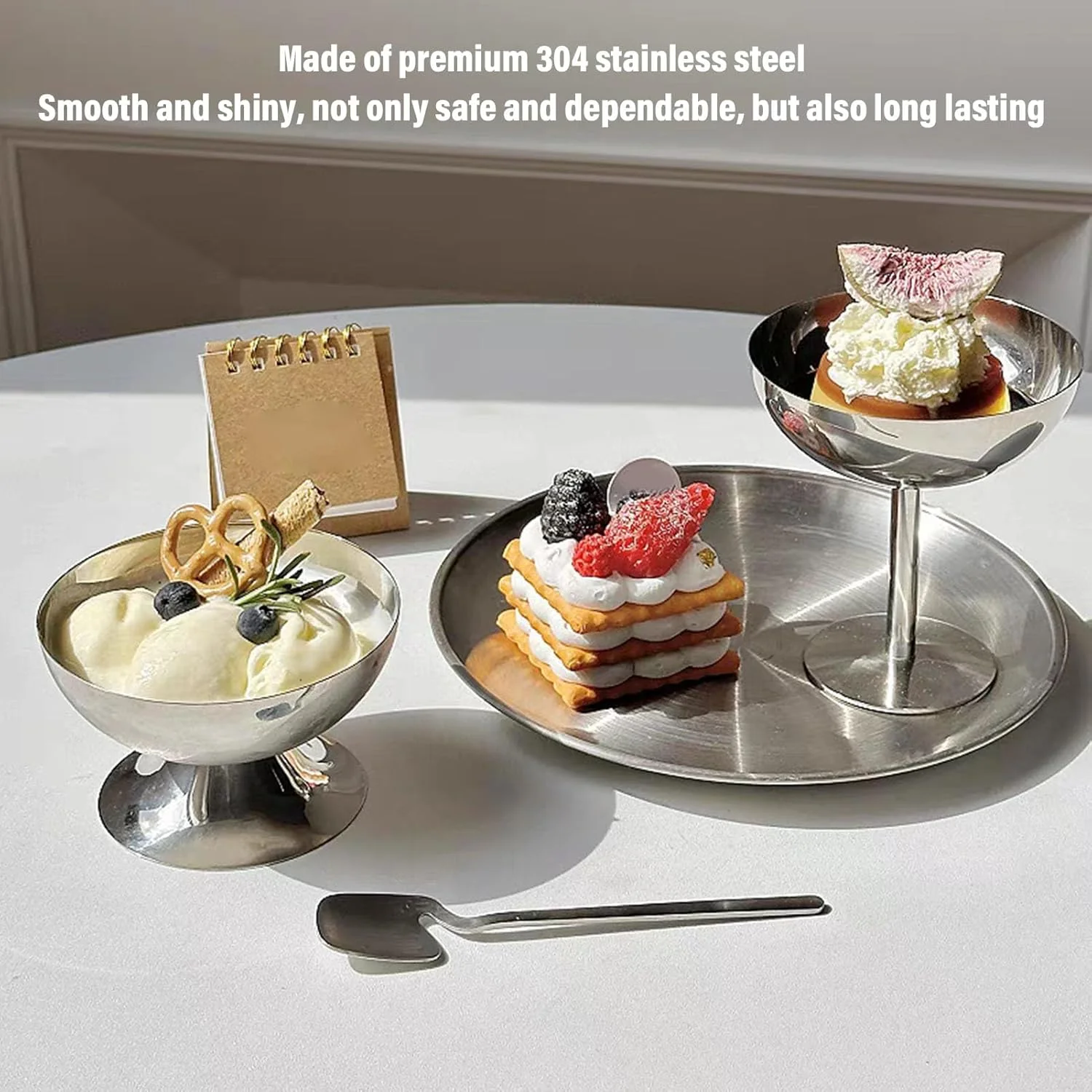 کاسه دسر Oreilet، 200 میلی لیتر فولاد ضد زنگ 304، مناسب بستنی، ماست، تنقلات، بشقاب دسر، سینی آجیل میوه ای برای خانه، هتل ها، مهمانی ها (بلند)