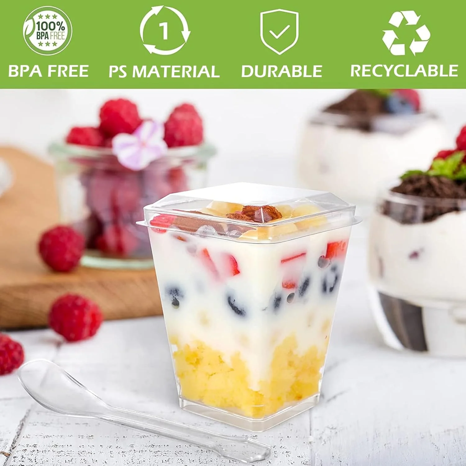 پک 50 عددی مینی فنجان دسر پالودو به همراه درب و قاشق، لیوان دسر 150 میلی لیتری، فنجان دسر پلاستیکی، شفاف، ست کاسه دسر ذوزنقه ای قابل استفاده مجدد برای موس، پودینگ، جشن عروسی