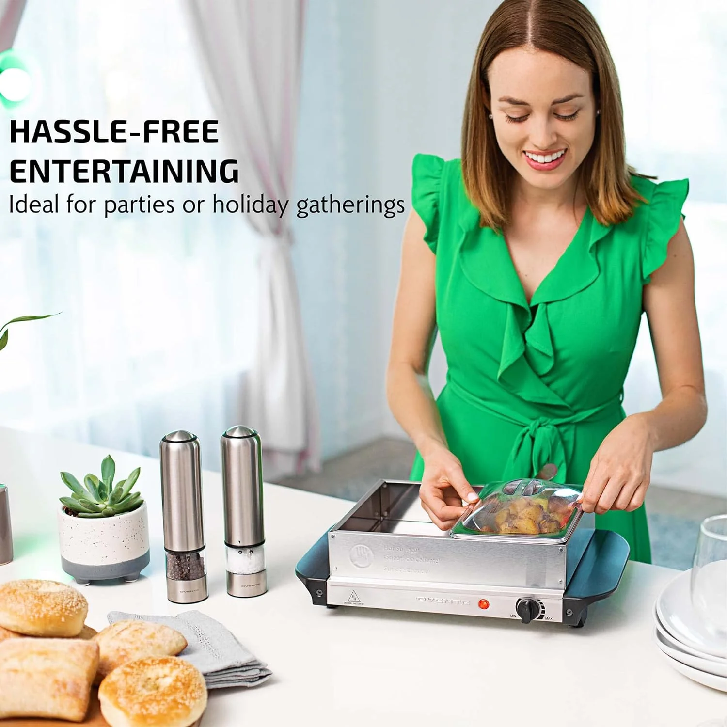 گرم نگهدارنده بوفه برقی OVENTE با 2 ظرف گرم کننده، گرم کننده غذای قابل حمل برای پذیرایی، مهمانی، سرگرمی و تعطیلات، ست ظرف گرم کننده استیل ضد زنگ با کنترل دما، نقره ای FW152S، 2 سینی