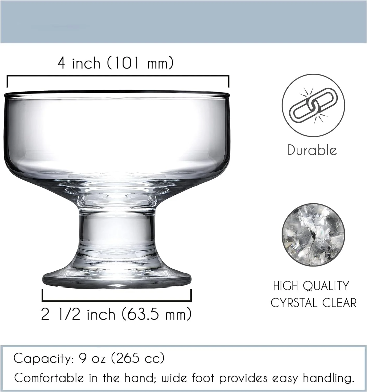 ست 6 عددی کاسه دسر شیشه ای NovalLife، کاسه های دسر شیشه ای کریستالی - کاسه های پایه دار 265 میلی لیتری برای دسر، بستنی، سالاد، کوکتل، چاشنی و ترایفل