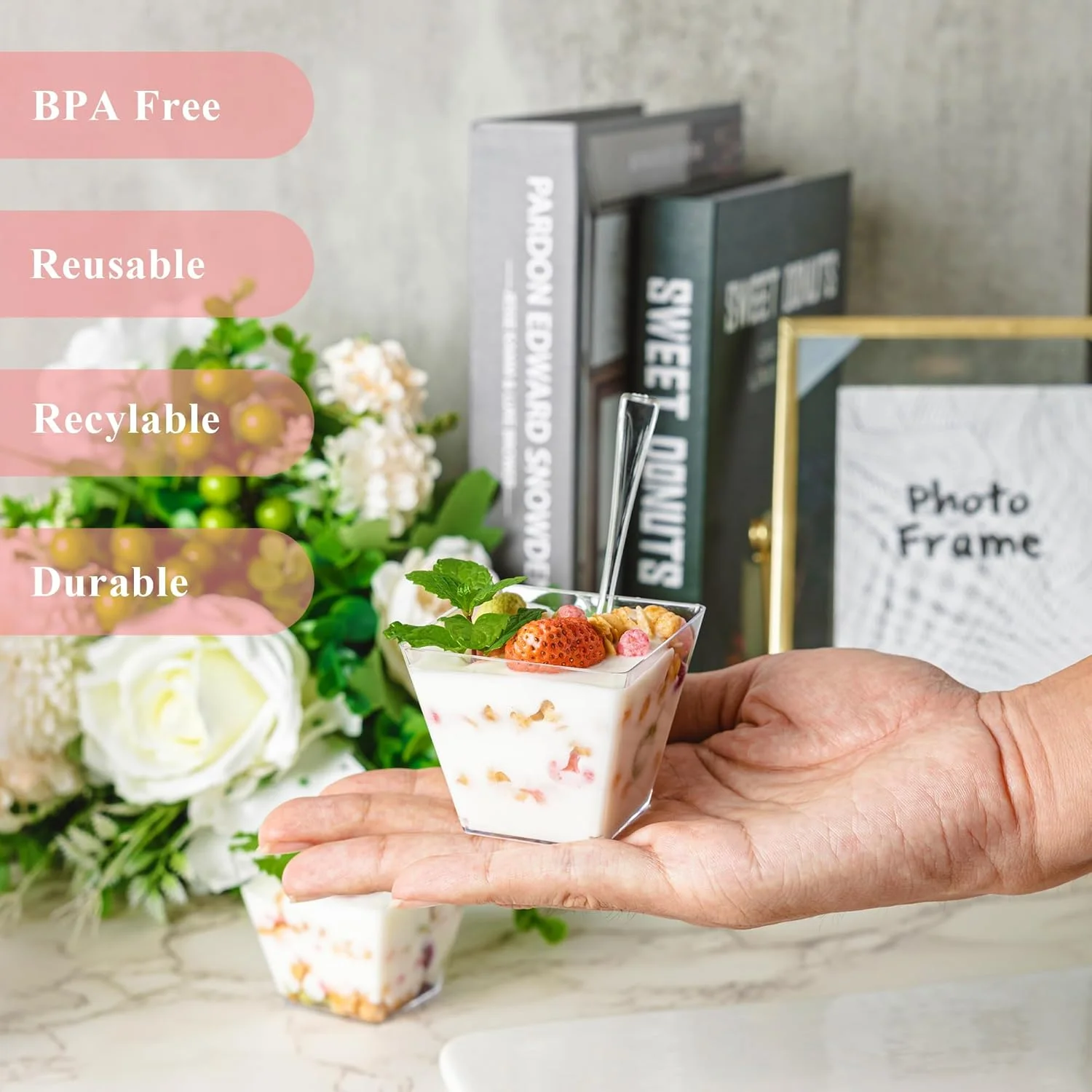 ظروف دسر مینیاتوری 100 عددی NZVCN با قاشق و درب، کاسه های دسر مربعی شفاف، فنجان های کوچک پلاستیکی پارفه، فنجان های پیش غذا برای مهمانی عروسی