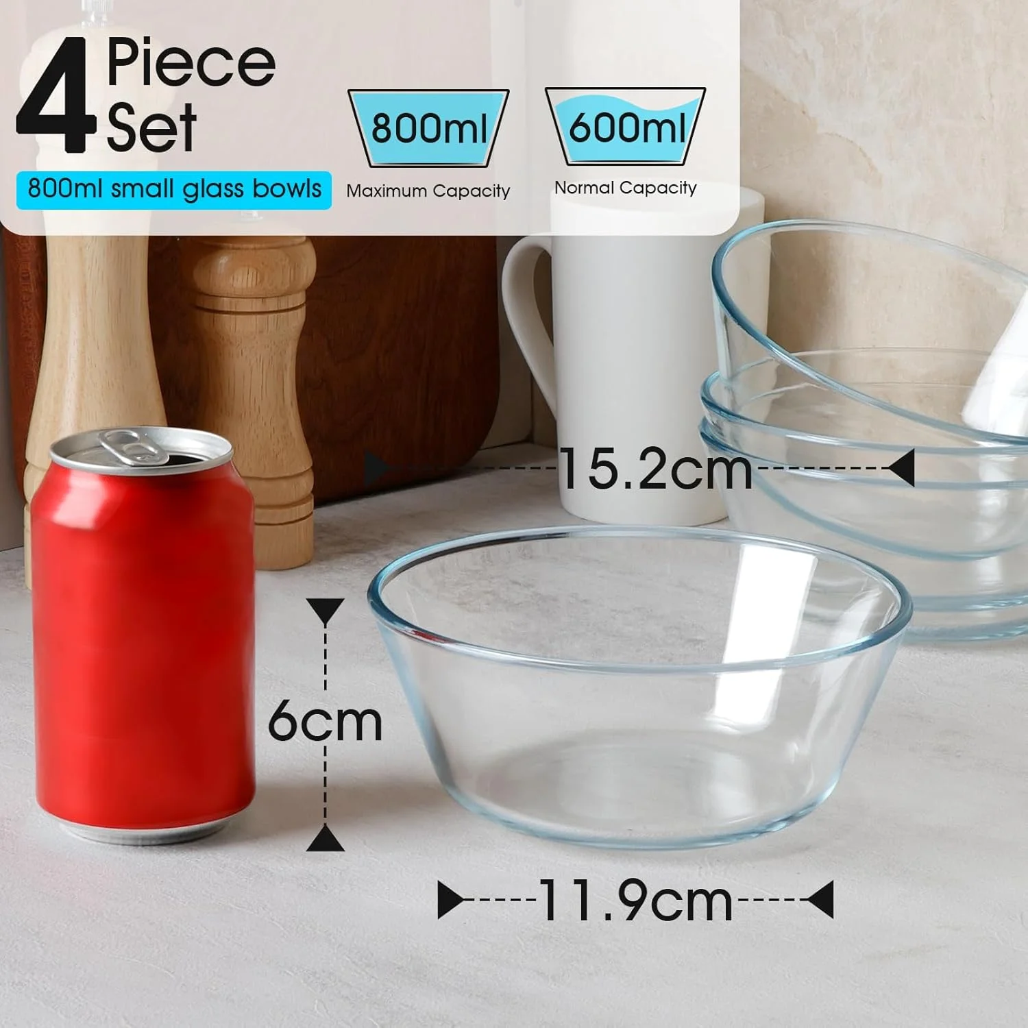 مجموعه 4 کاسه شیشه ای کوچک نوتری یو پی اس، کاسه شیشه ای 800 میلی لیتری، کاسه سالاد، 15.2 سانتی متر، کاسه دسر شیشه ای، شیشه، شیشه سکوریت