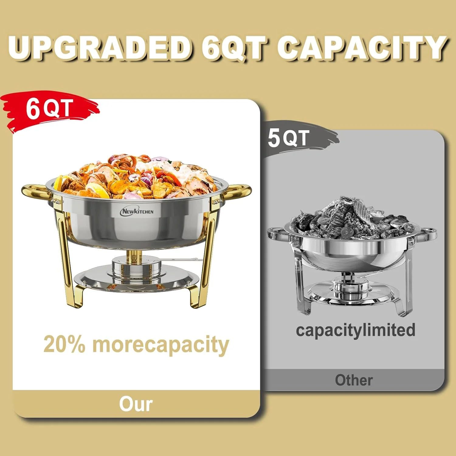ظروف گرم نگهدارنده غذا نیوکیچن برای بوفه، بسته 4 عددی، ظروف گرد 6 کوارت برای بوفه [رنگ های طلایی و نقره ای شیک] ست بوفه ظرف گرم نگهدارنده غذا استیل ضد زنگ برای هر مهمانی