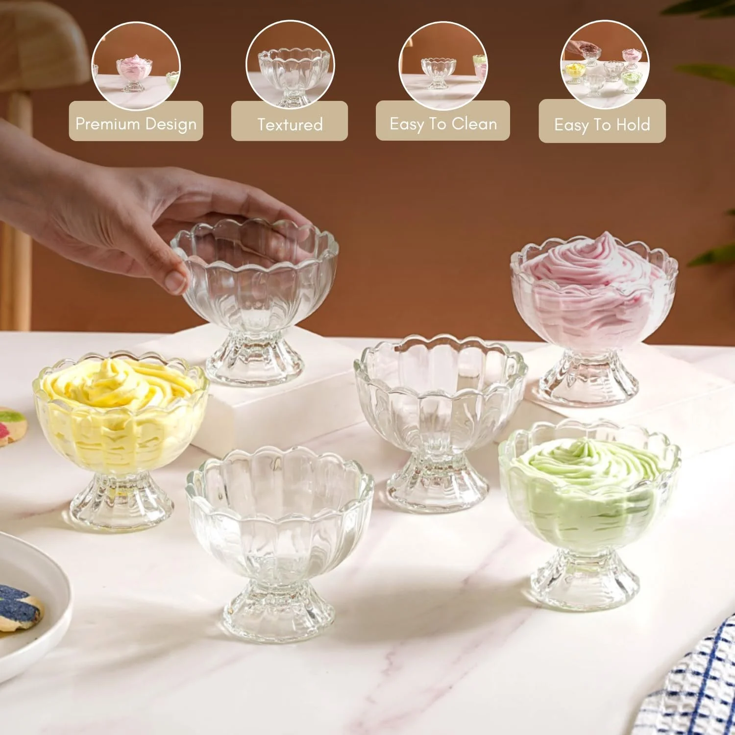 ست 6 تایی کاسه بستنی خوری شیشه ای نستاسیا، کاسه های مقاوم در برابر خراش و ایمن برای مواد غذایی با سطح بافت دار، 120 میلی لیتر