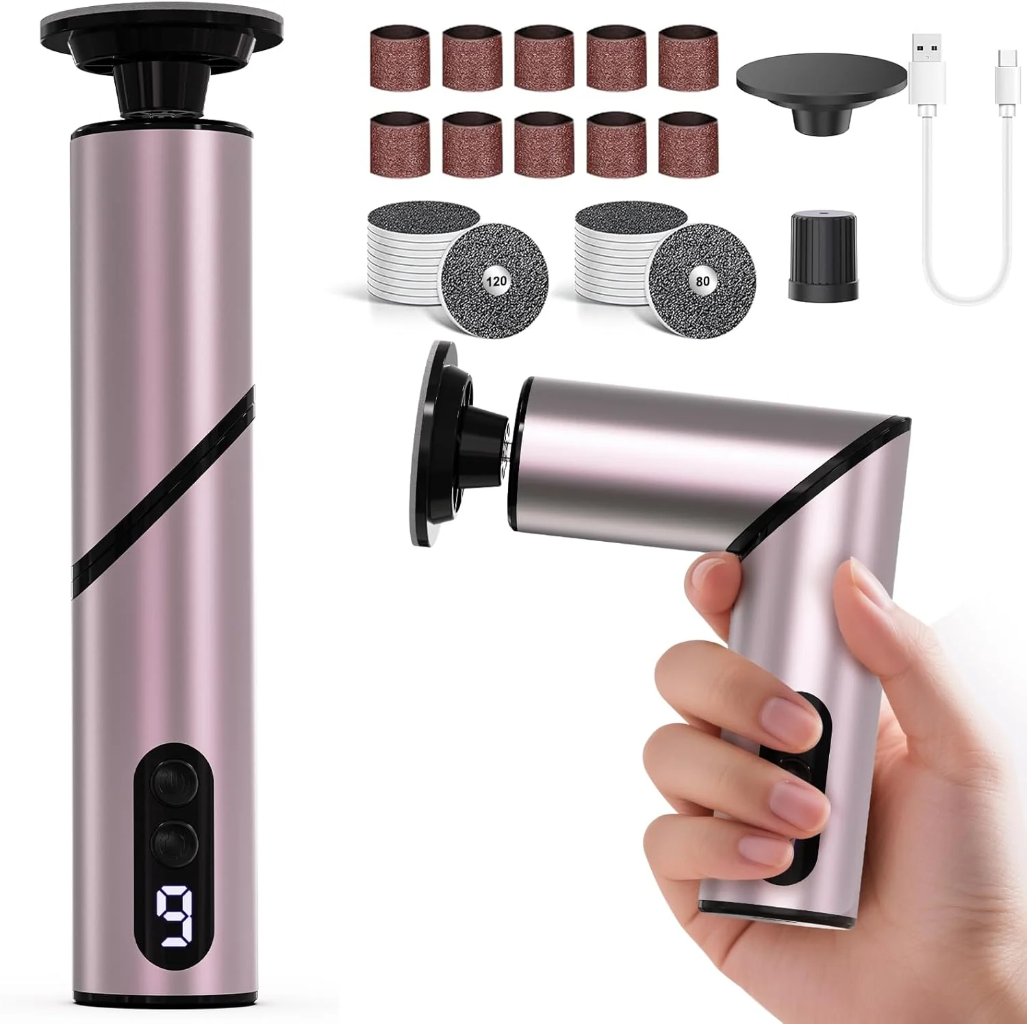 FUNKYLEE Electric Foot Callus Remover, Foldable Design, Rechargeable Electric Foot File, 2-in-1 Grinding Heads for Large Area Callus Removal and Delicate Care, 9 Adjustable Speeds (Rose Gold) FUNKYLEE Electric Foot Callus Remover, Foldable Design, Rechargeable Electric Foot File, 2-in-1 Grinding Heads for Large Area Callus Removal and Delicate Care, 9 Adjustable Speeds (Rose Gold)