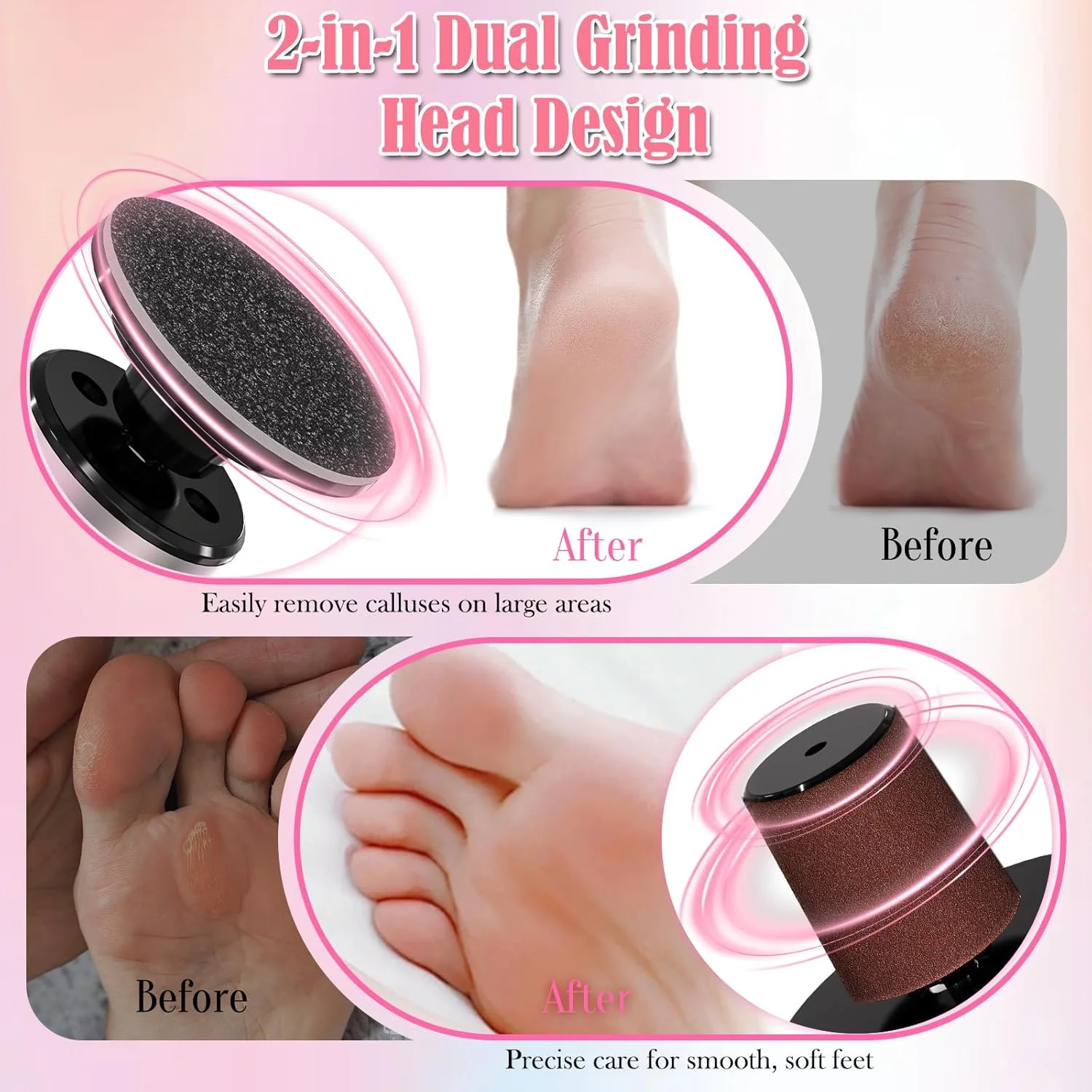 FUNKYLEE Electric Foot Callus Remover, Foldable Design, Rechargeable Electric Foot File, 2-in-1 Grinding Heads for Large Area Callus Removal and Delicate Care, 9 Adjustable Speeds (Rose Gold)